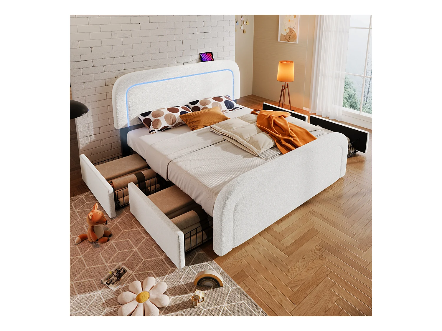 Volwassenenbed 160 x 200 cm met 2 laden en verstelbaar hoofdeinde - USB + Type C - Sherpa stof - wit