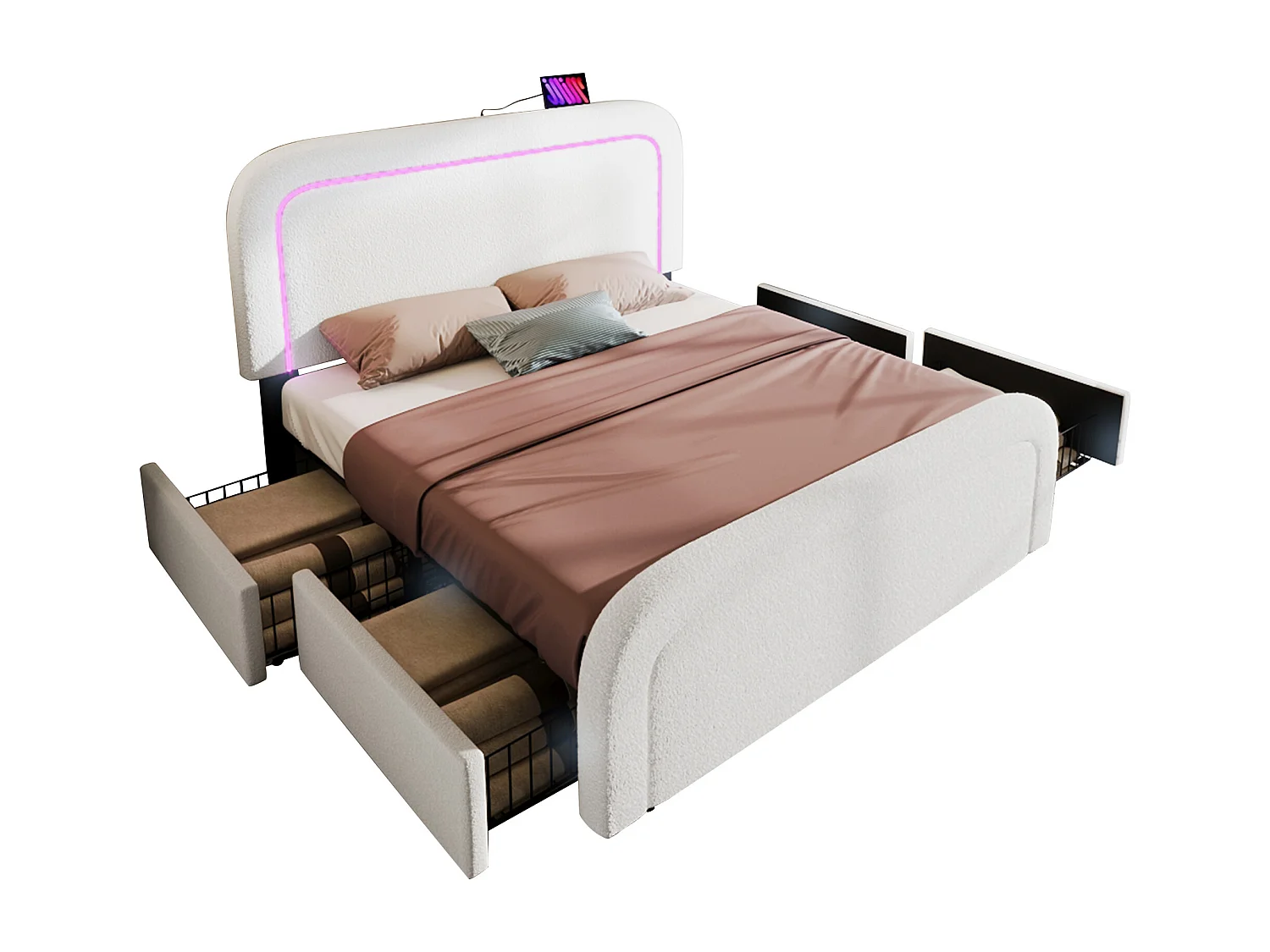 Lit adulte 160 x 200 cm avec 2 tiroirs et tête de lit réglable - USB + Type C - Tissu sherpa - blanc