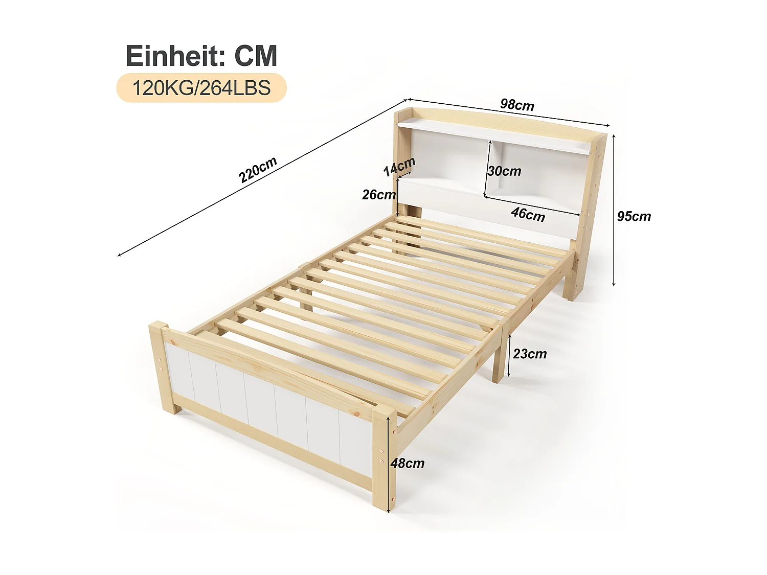 Letto per bambini 90 x 200 cm con testiera contenitore - legno massello - naturale + bianco