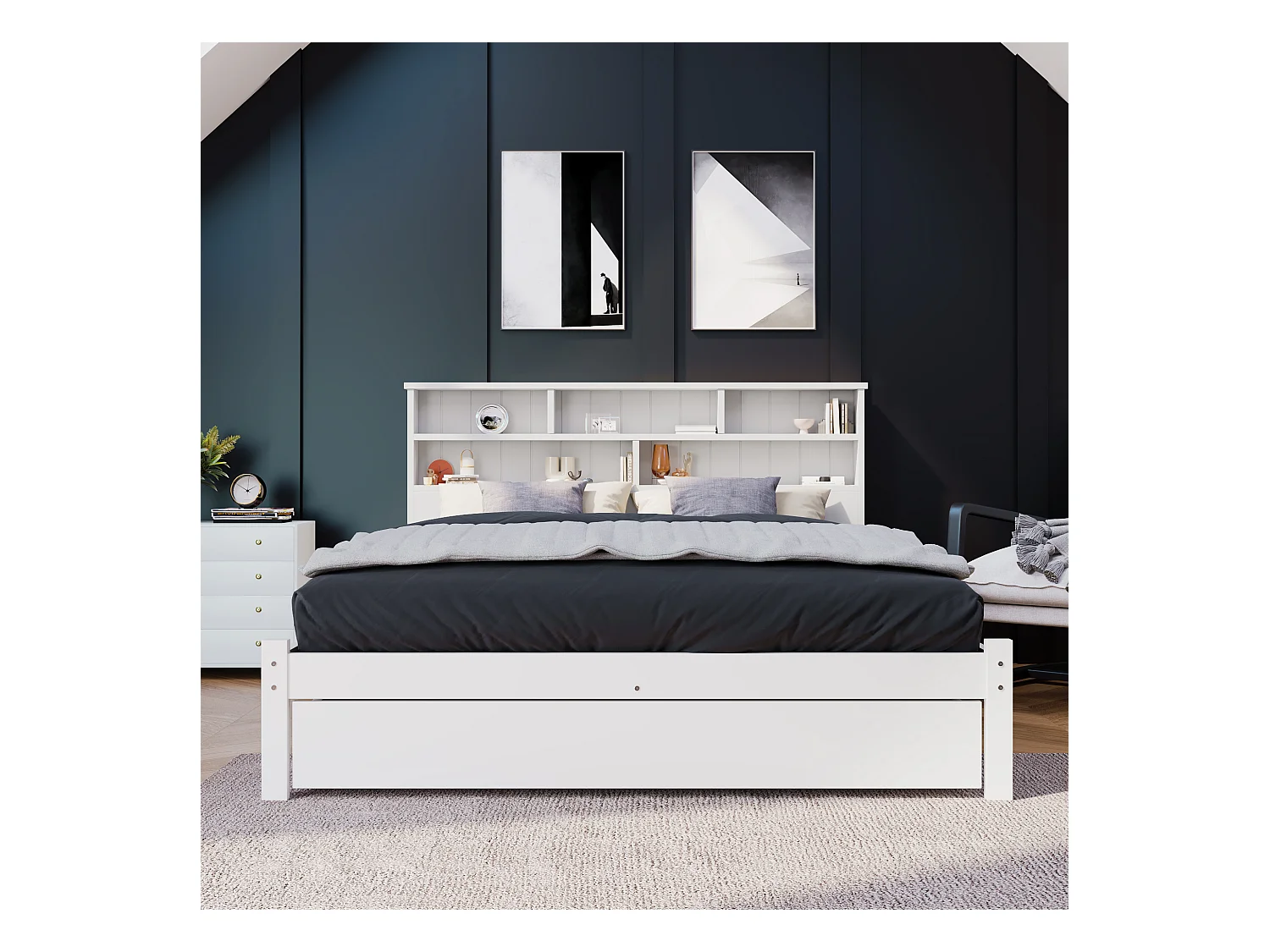 Doppelbett mit Schubladen + Bücherregal – 140 x 200 cm – Massivholz – Weiß