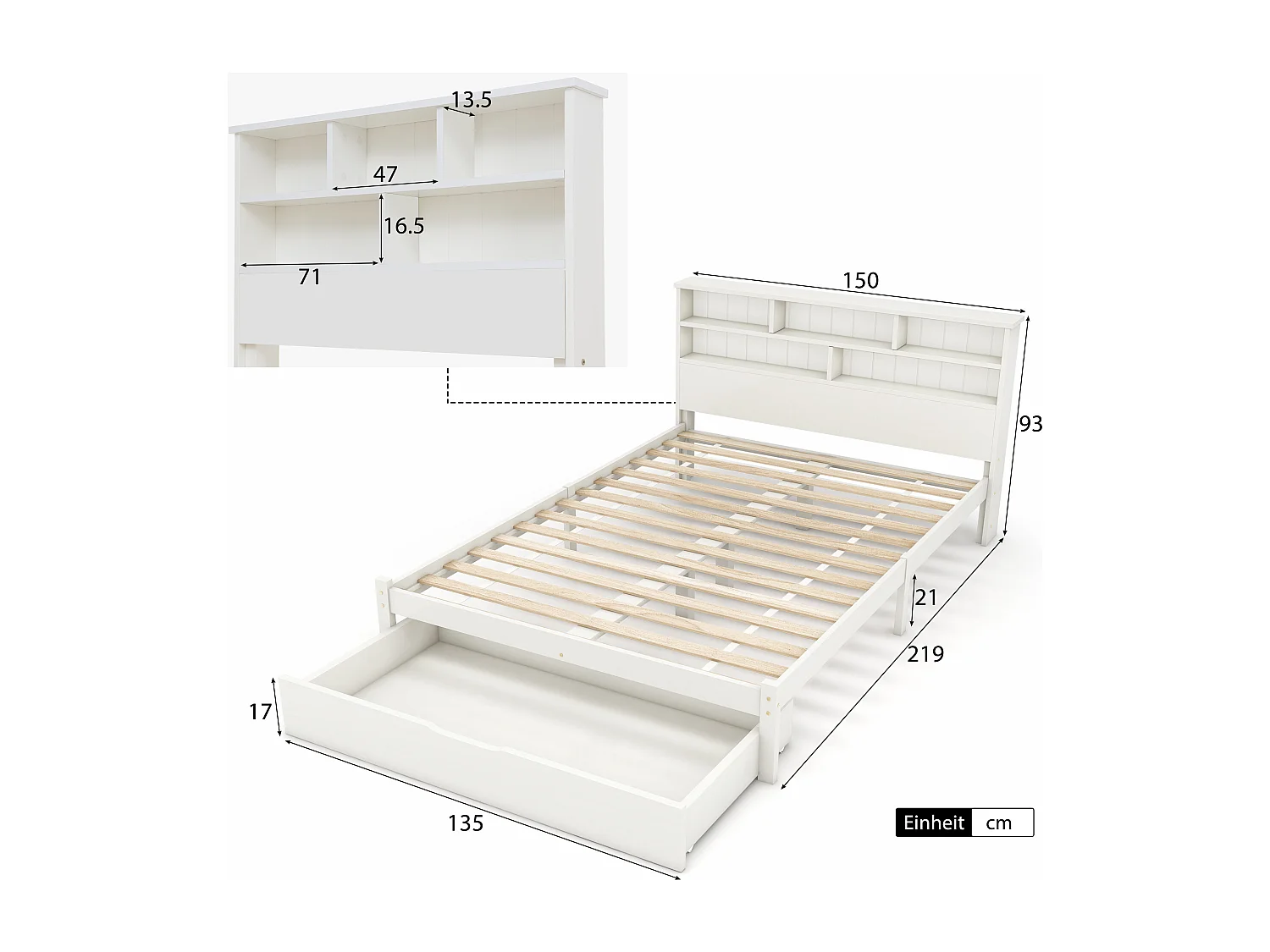 Doppelbett mit Schubladen + Bücherregal – 140 x 200 cm – Massivholz – Weiß