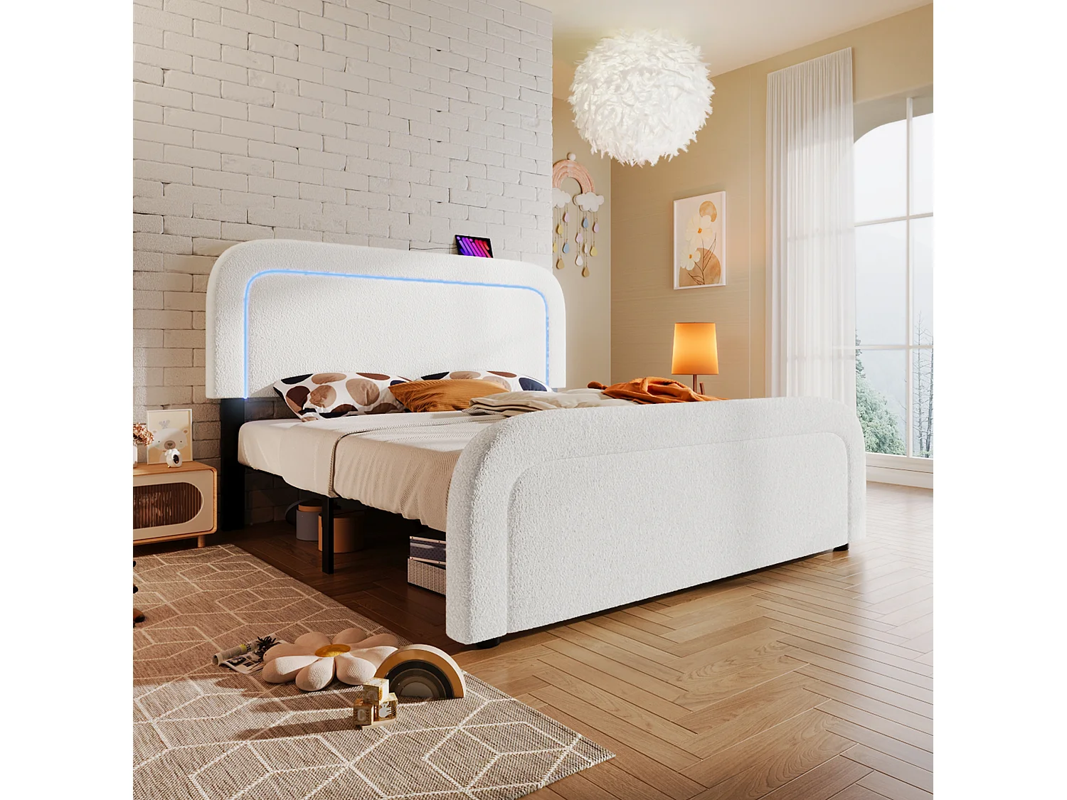 Łóżko dla dorosłych 140 x 200 cm z regulowanym zagłówkiem - USB + Typ C + LED - tkanina Sherpa - białe