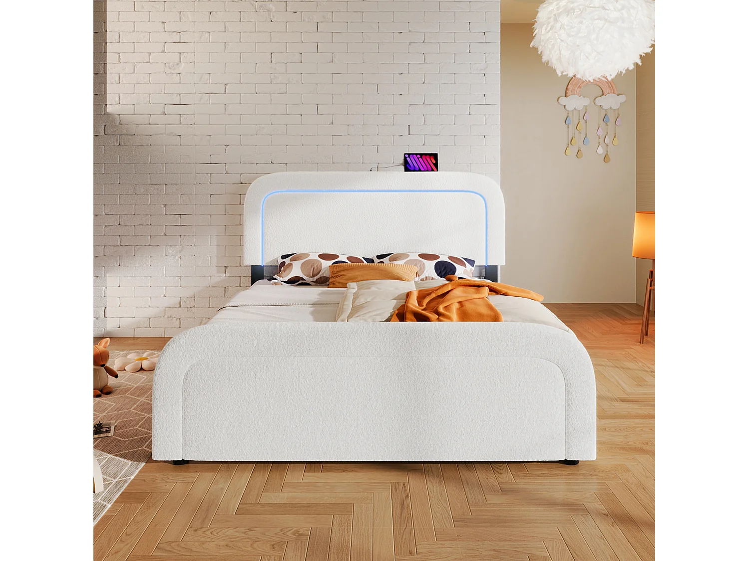 Łóżko dla dorosłych 140 x 200 cm z regulowanym zagłówkiem - USB + Typ C + LED - tkanina Sherpa - białe