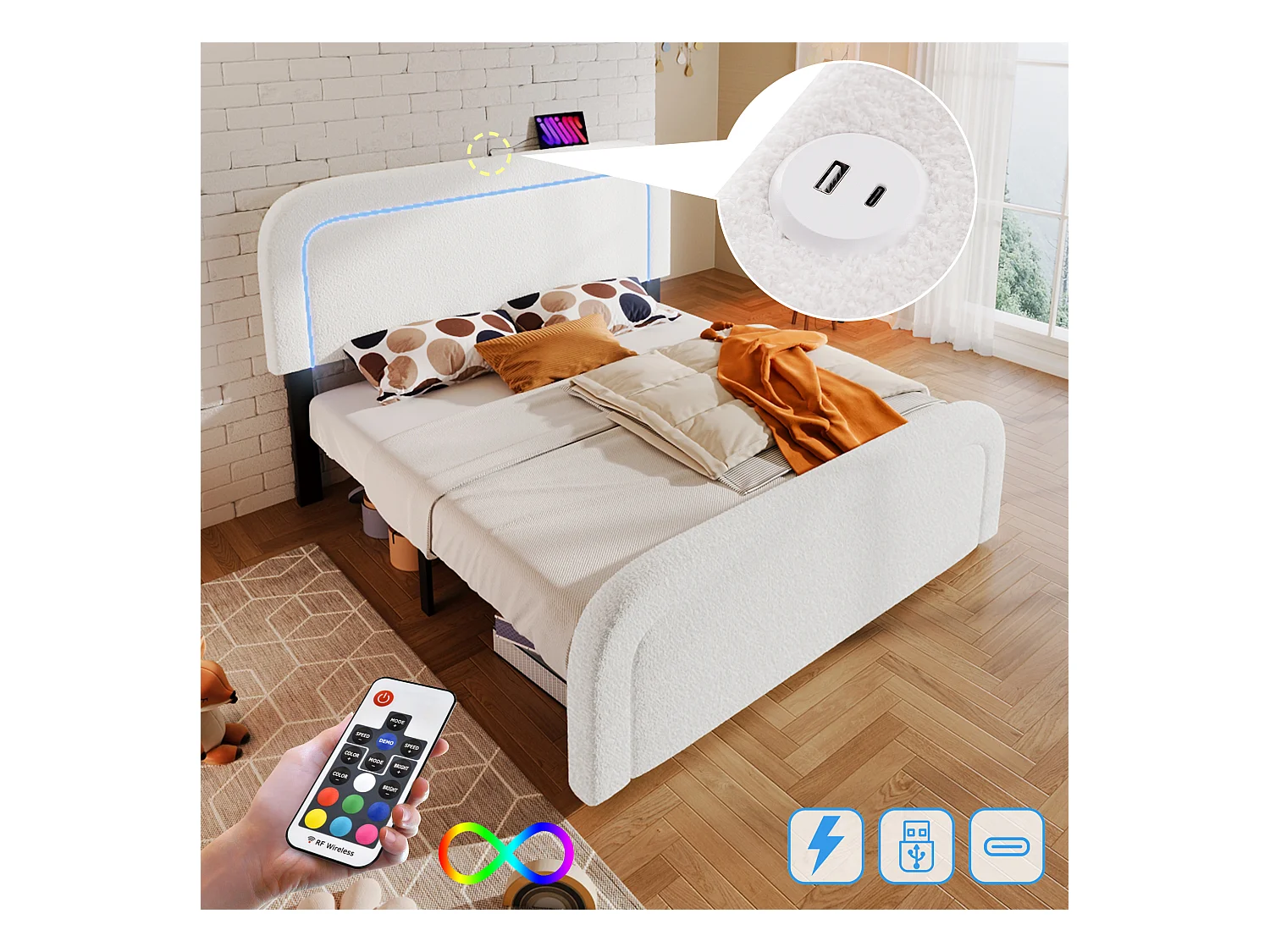 Lit adulte 140 x 200 cm avec tête de lit réglable - USB + Type C + LEDs - Tissu sherpa - blanc