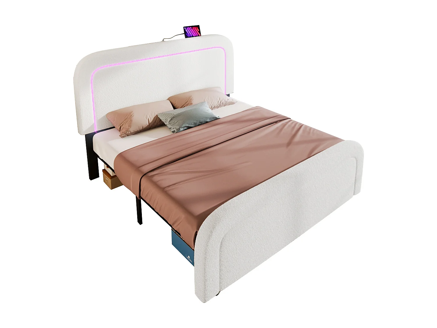 Lit adulte 140 x 200 cm avec tête de lit réglable - USB + Type C + LEDs - Tissu sherpa - blanc