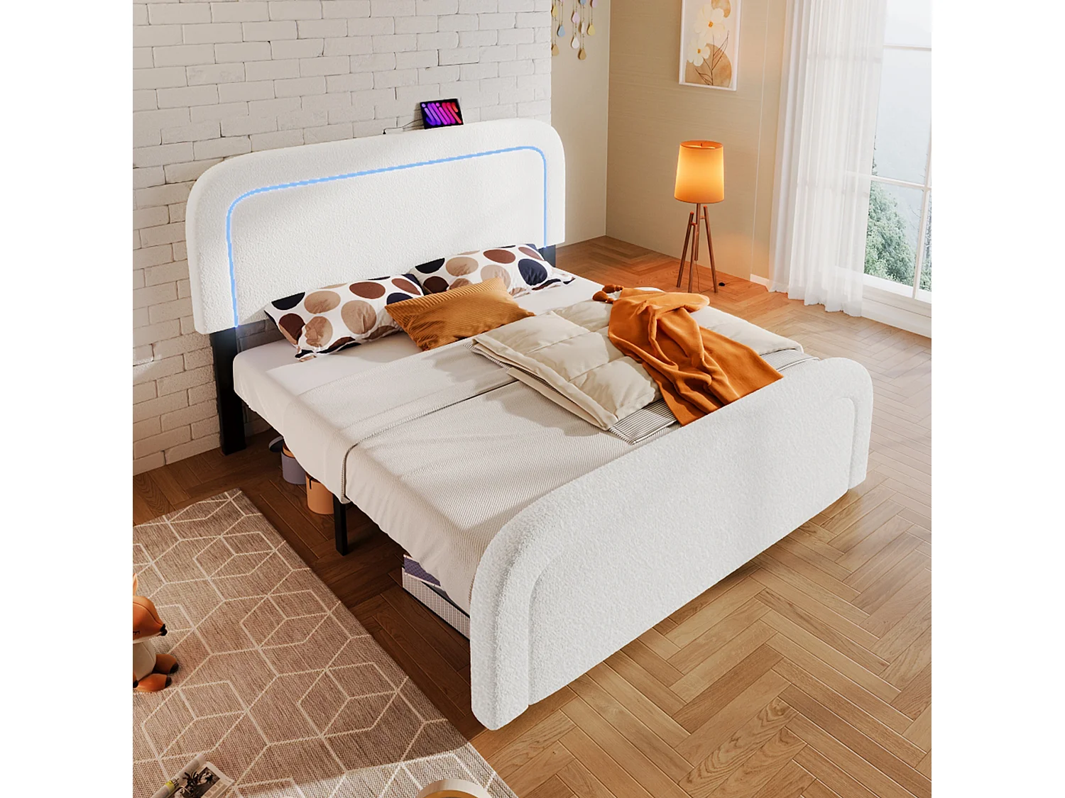 Lit adulte 140 x 200 cm avec tête de lit réglable - USB + Type C + LEDs - Tissu sherpa - blanc