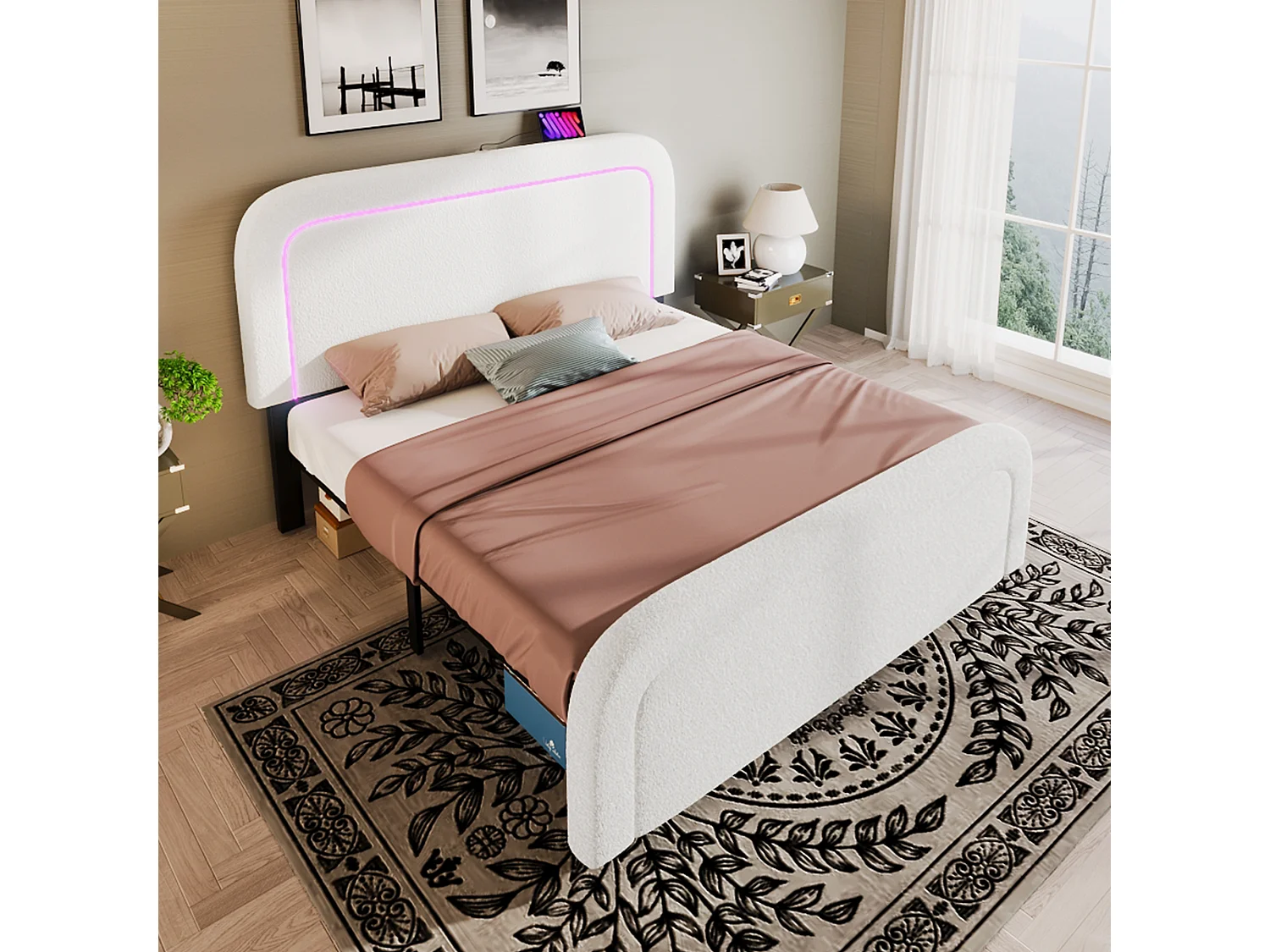 Lit adulte 140 x 200 cm avec tête de lit réglable - USB + Type C + LEDs - Tissu sherpa - blanc