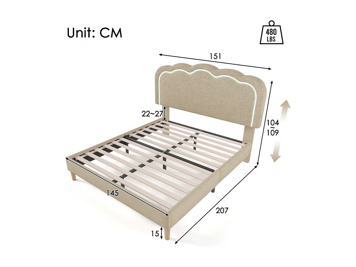 Gestoffeerd bed 140 x 200 cm met verstelbaar hoofdeinde voor slaapkamer - LED's - linnenstof - beige