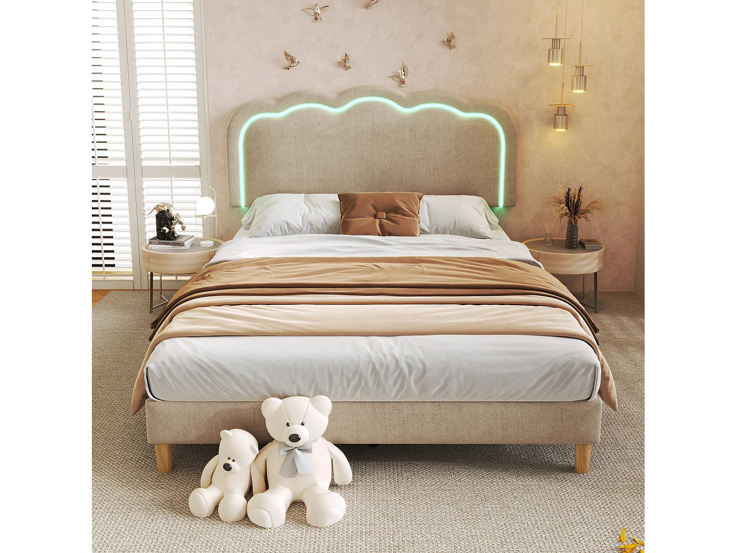 Lit capitonné 140 x 200 cm avec tête de lit réglable pour chambre à coucher - LEDs - tissu lin - beige