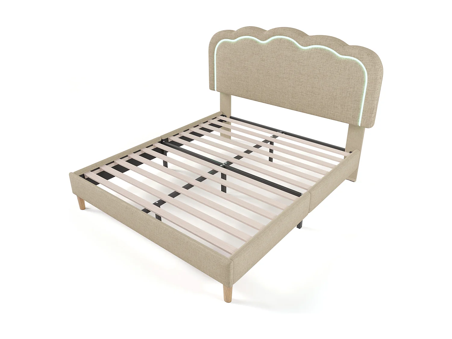 Lit capitonné 140 x 200 cm avec tête de lit réglable pour chambre à coucher - LEDs - tissu lin - beige