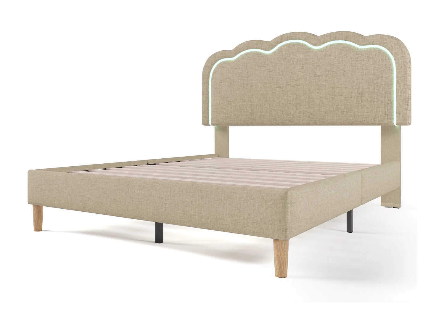 Lit capitonné 140 x 200 cm avec tête de lit réglable pour chambre à coucher - LEDs - tissu lin - beige