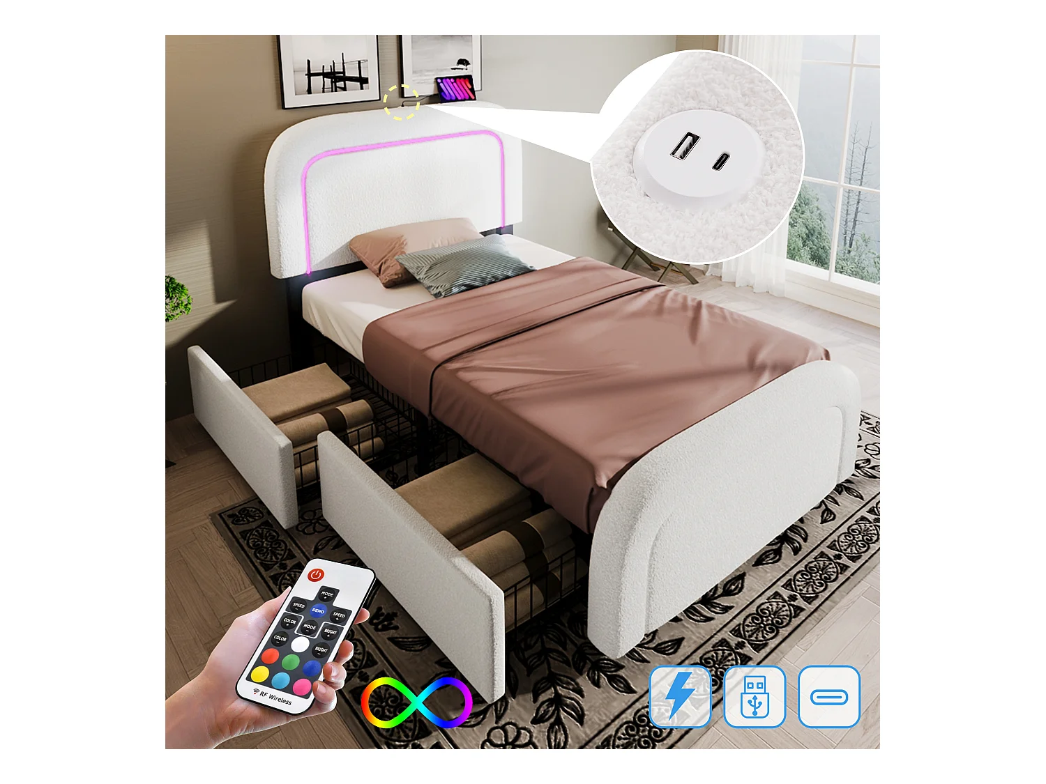Lit enfant 90 x 200 cm avec 2 tiroirs et tête de lit réglable - USB + Type C - Tissu sherpa - blanc