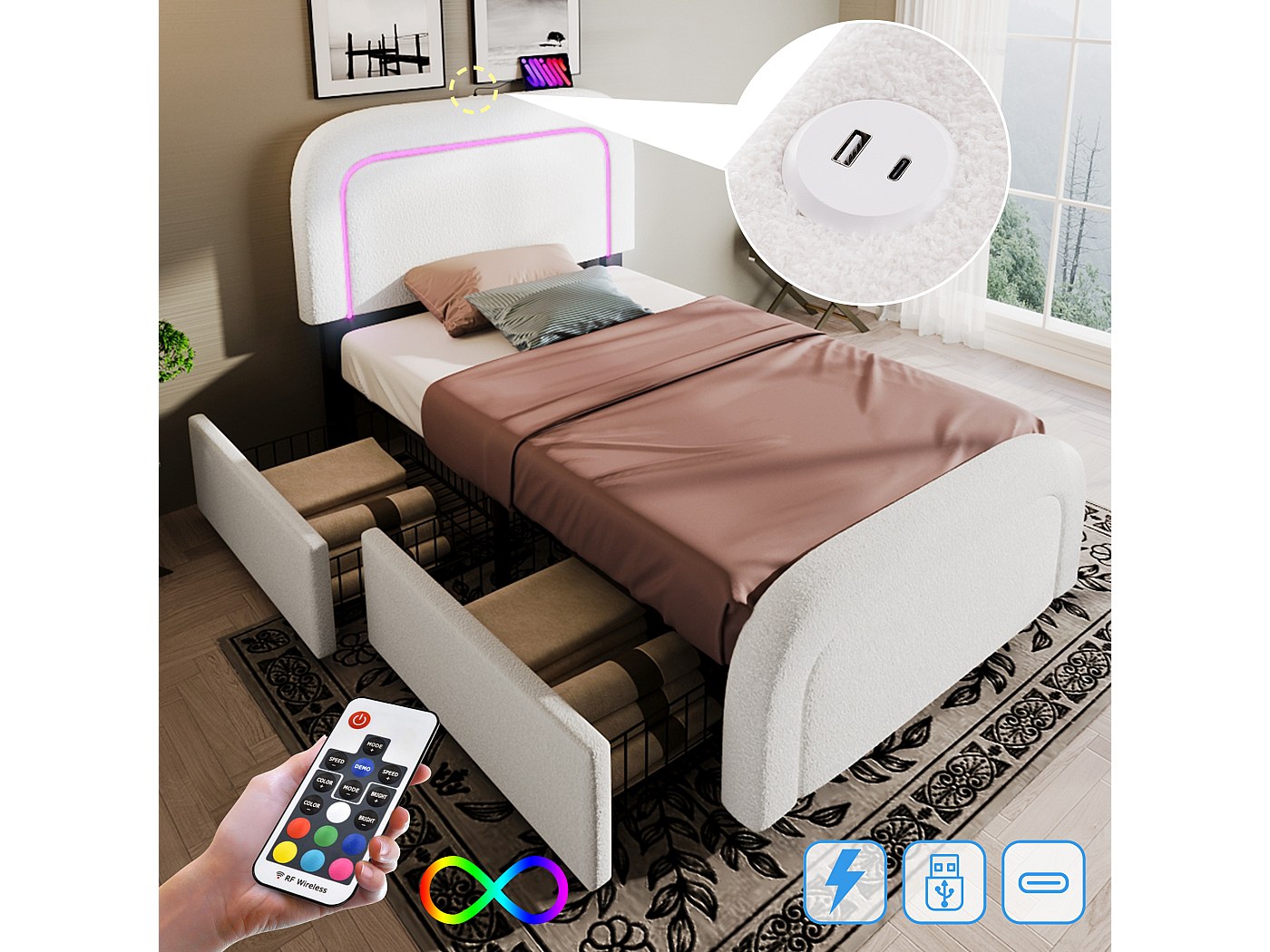 Letto imbottito 90 x 200 cm con testiera regolabile per camera - led