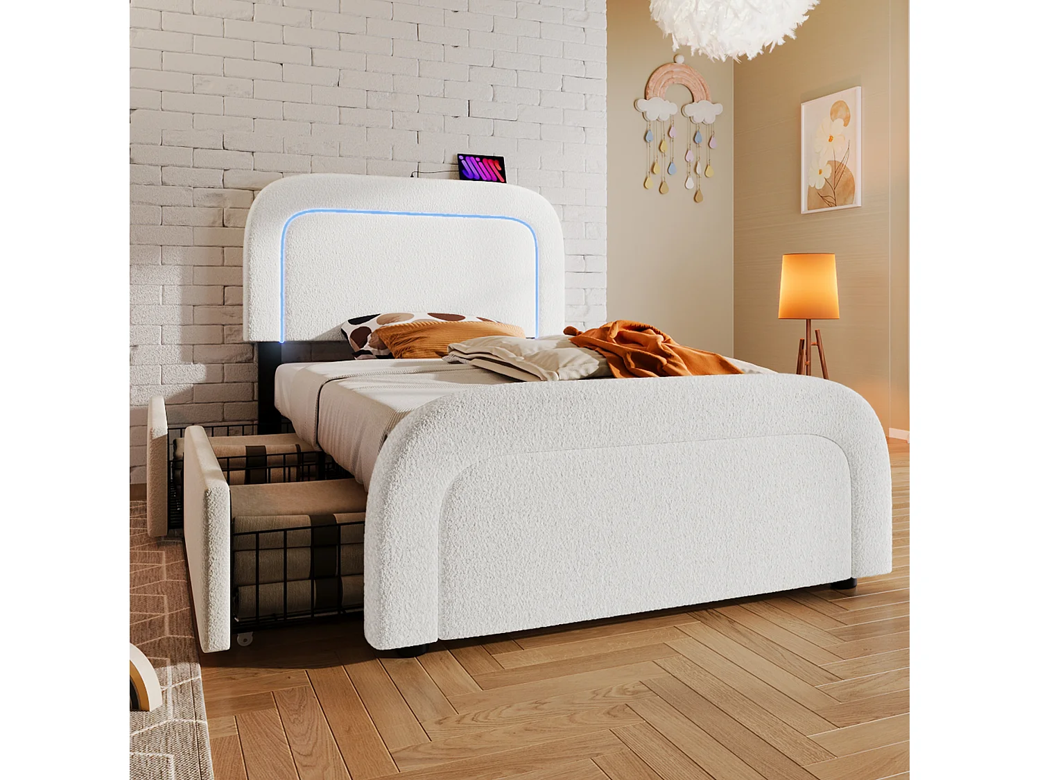 Lit enfant 90 x 200 cm avec 2 tiroirs et tête de lit réglable - USB + Type C - Tissu sherpa - blanc