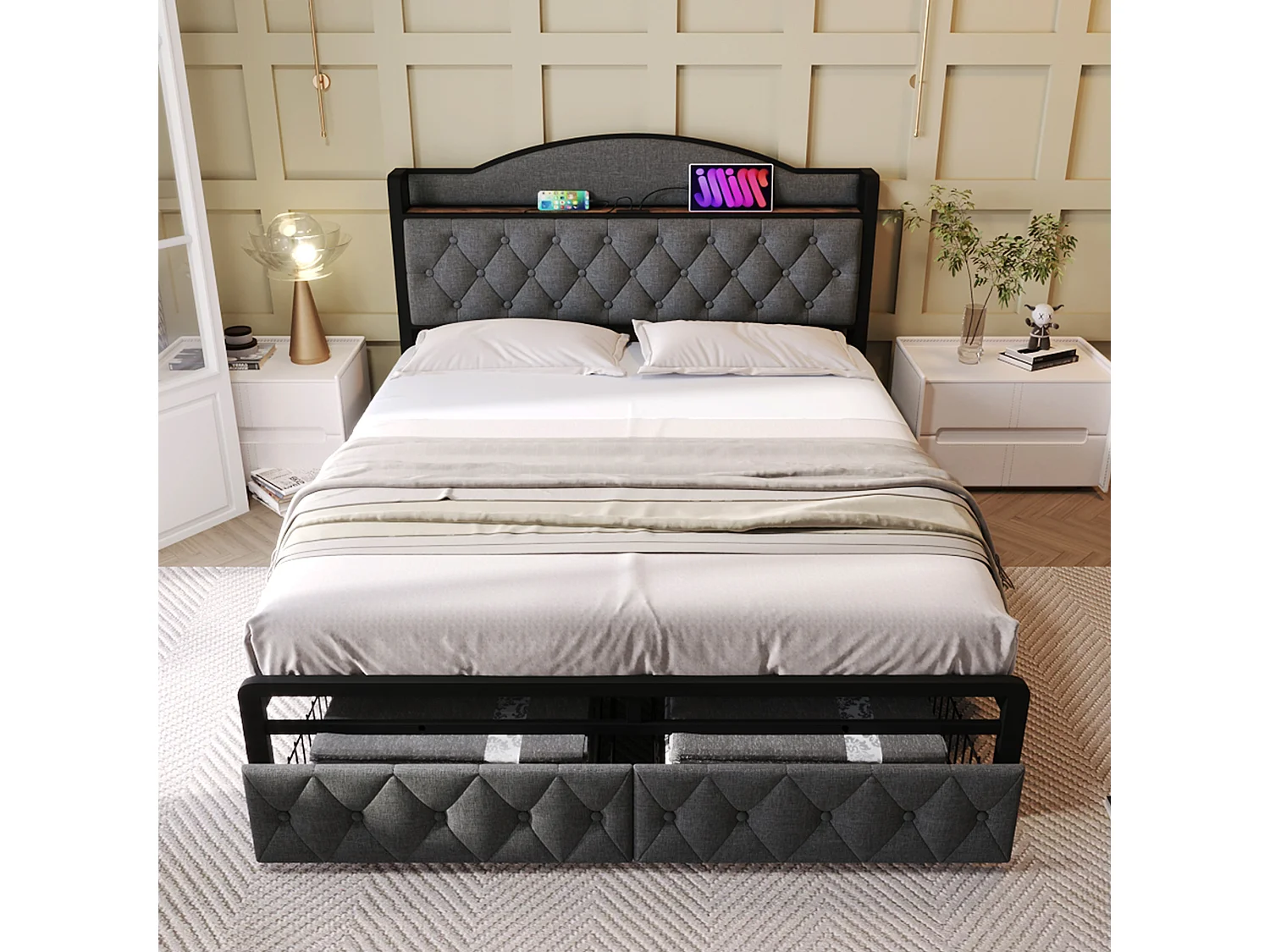 Bed 180 x 200 cm met opberghoofdeinde en 2 laden - USB + Type C - fluweel + metaal - grijs