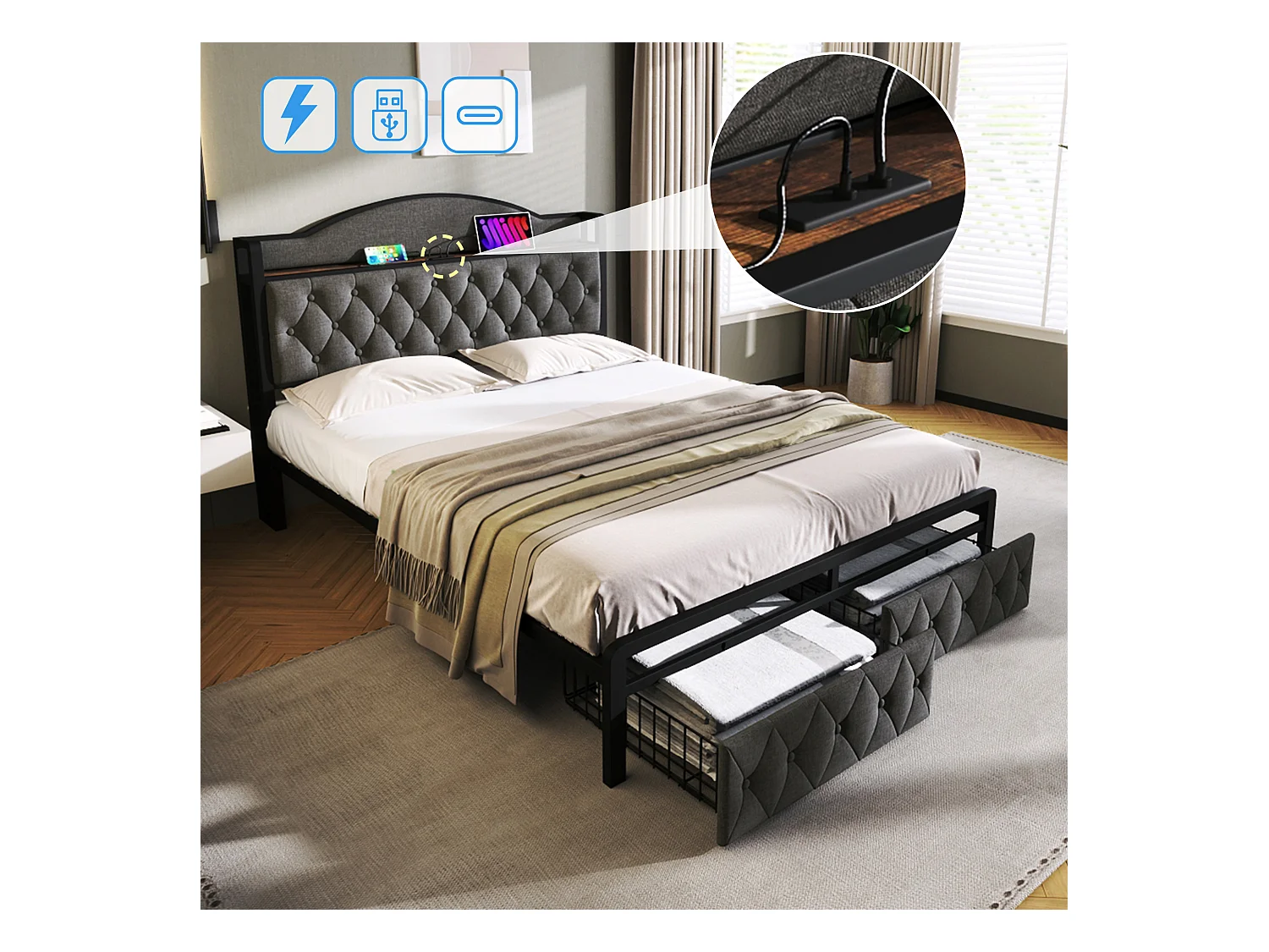 Lit 180 x 200 cm avec tête de lit rangement et 2 tiroirs - USB + Type C - lin + métal - gris