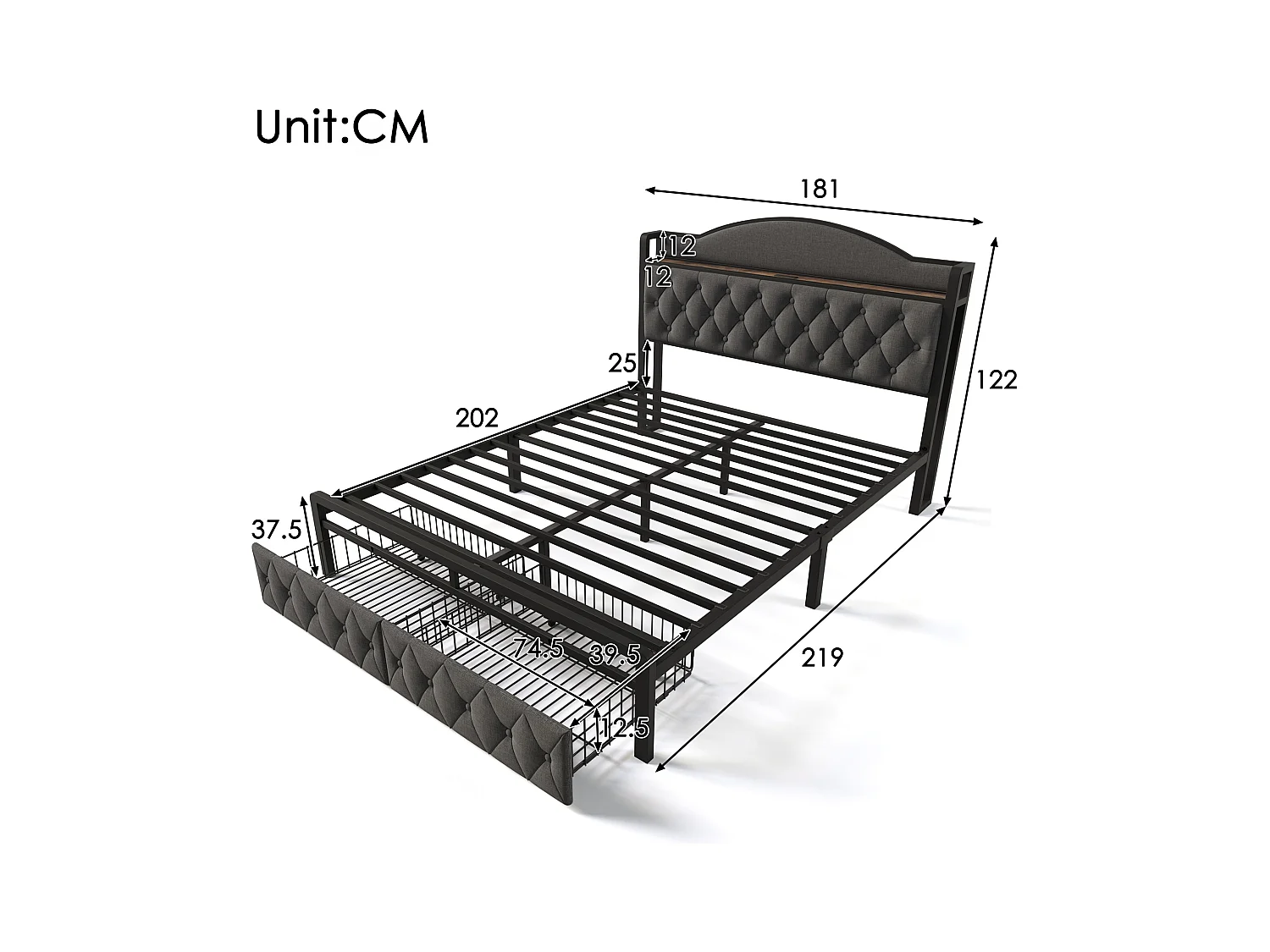 180 x 200 cm großes Bett mit Stauraum-Kopfteil und 2 Schubladen – USB + Typ C – Samt + Metall – Grau