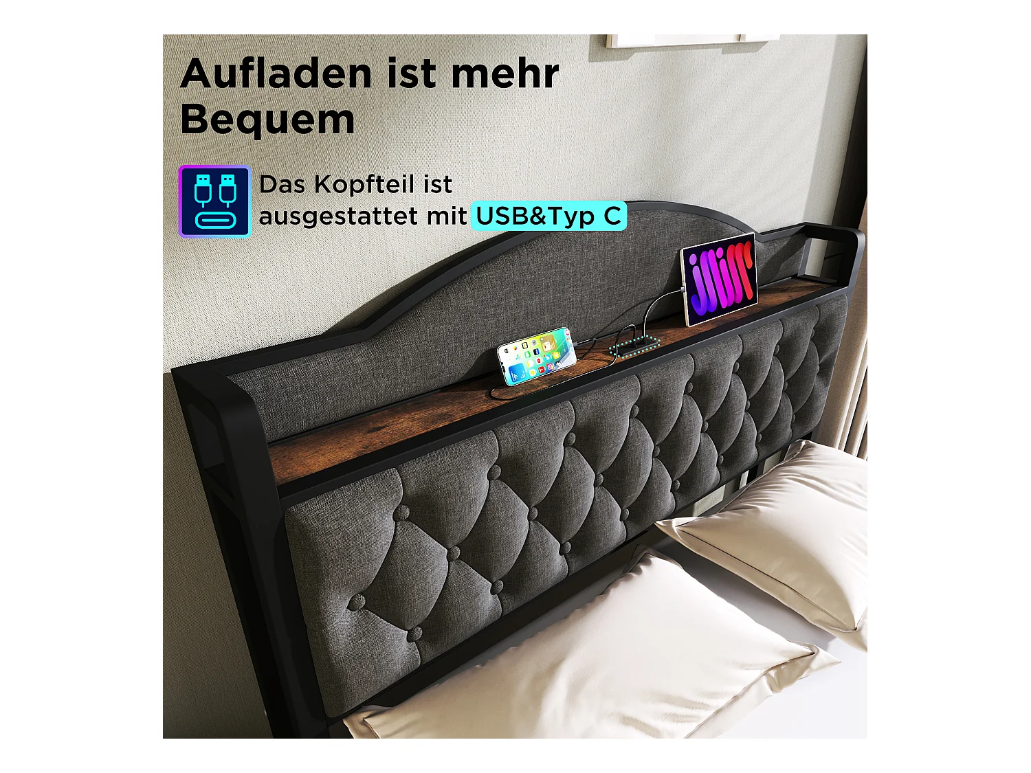 180 x 200 cm großes Bett mit Stauraum-Kopfteil und 2 Schubladen – USB + Typ C – Samt + Metall – Grau