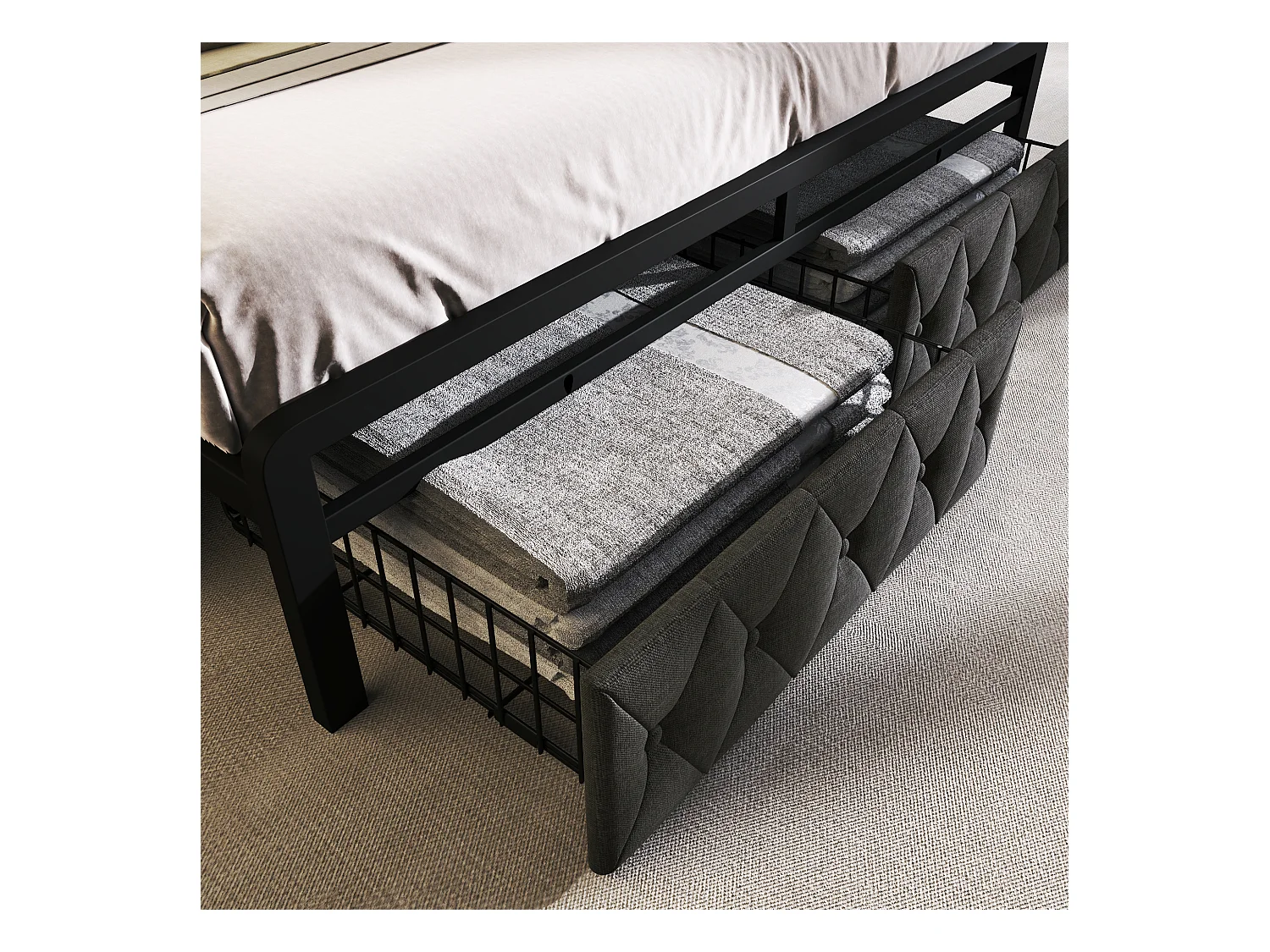 180 x 200 cm großes Bett mit Stauraum-Kopfteil und 2 Schubladen – USB + Typ C – Samt + Metall – Grau