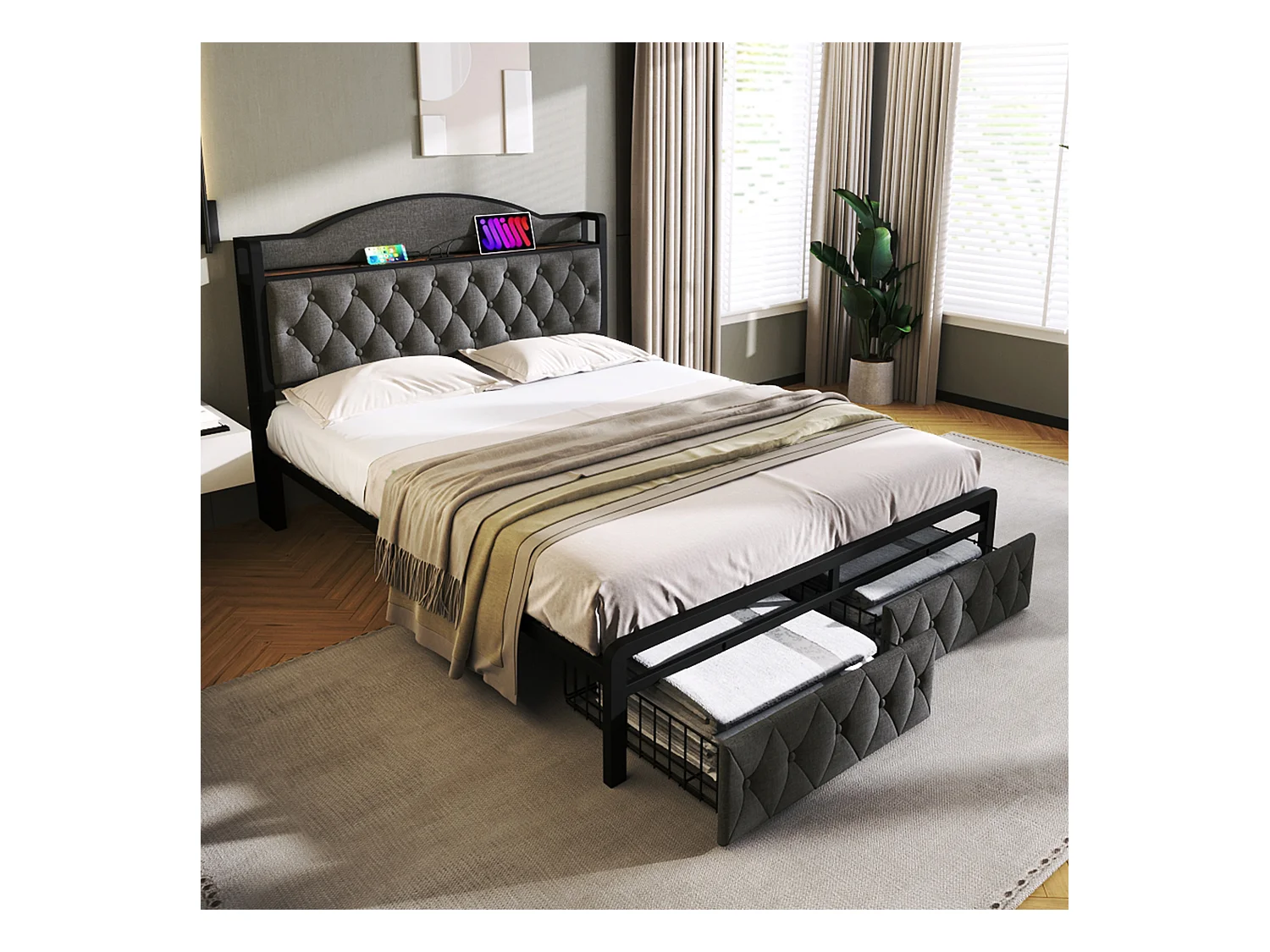 180 x 200 cm großes Bett mit Stauraum-Kopfteil und 2 Schubladen – USB + Typ C – Samt + Metall – Grau