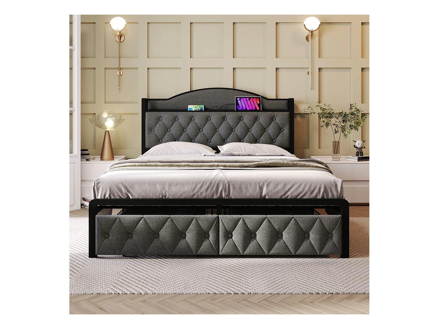 180 x 200 cm großes Bett mit Stauraum-Kopfteil und 2 Schubladen – USB + Typ C – Samt + Metall – Grau