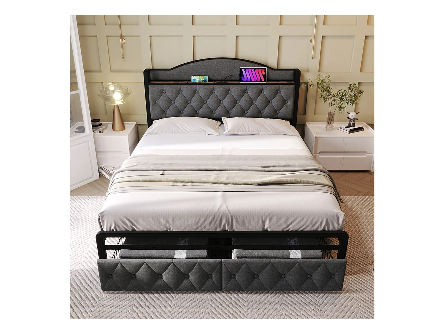 180 x 200 cm großes Bett mit Stauraum-Kopfteil und 2 Schubladen – USB + Typ C – Samt + Metall – Grau