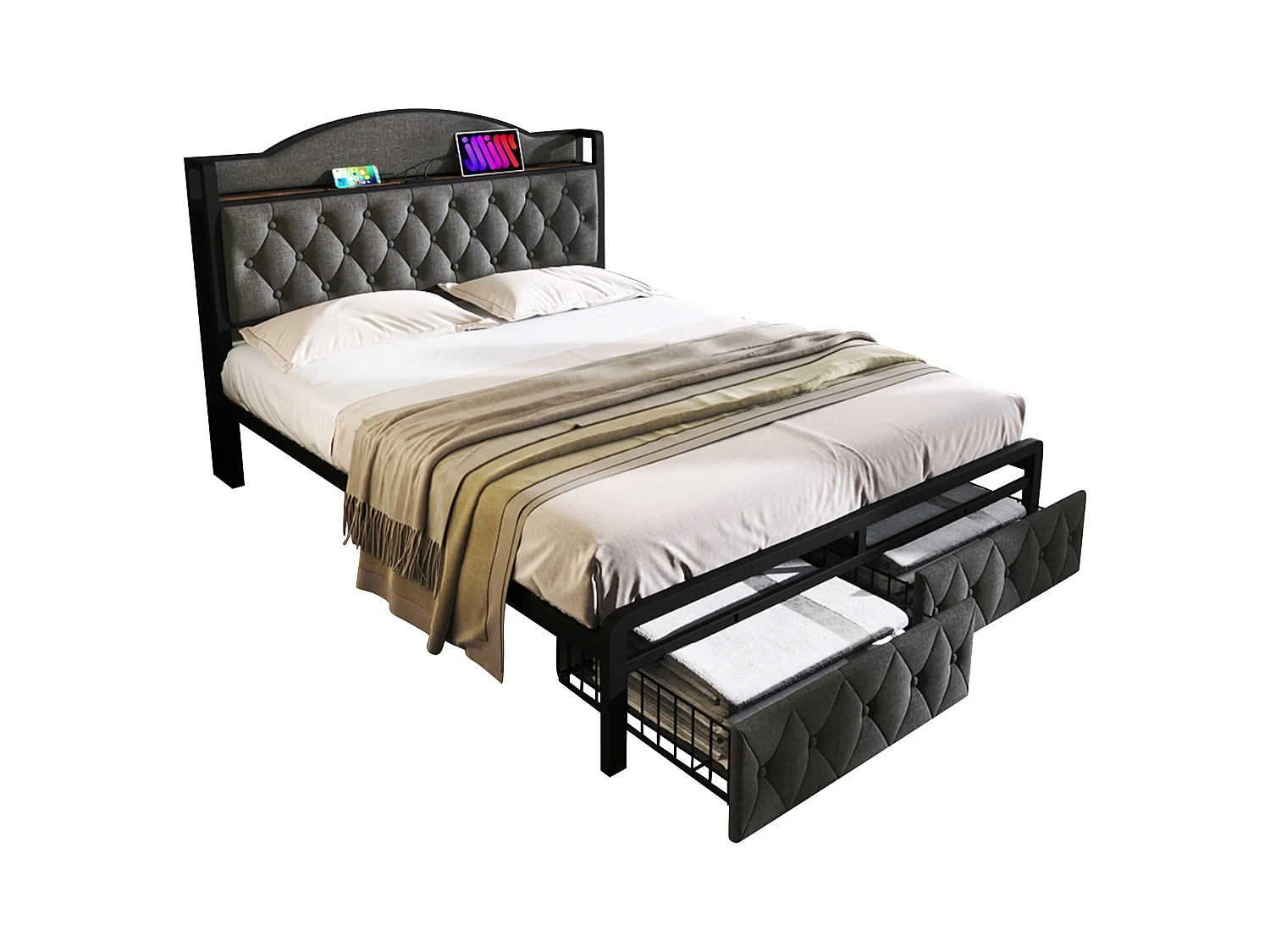 180 x 200 cm großes Bett mit Stauraum-Kopfteil und 2 Schubladen – USB + Typ C – Samt + Metall – Grau