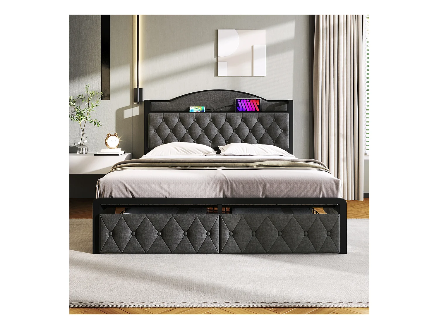 180 x 200 cm großes Bett mit Stauraum-Kopfteil und 2 Schubladen – USB + Typ C – Samt + Metall – Grau