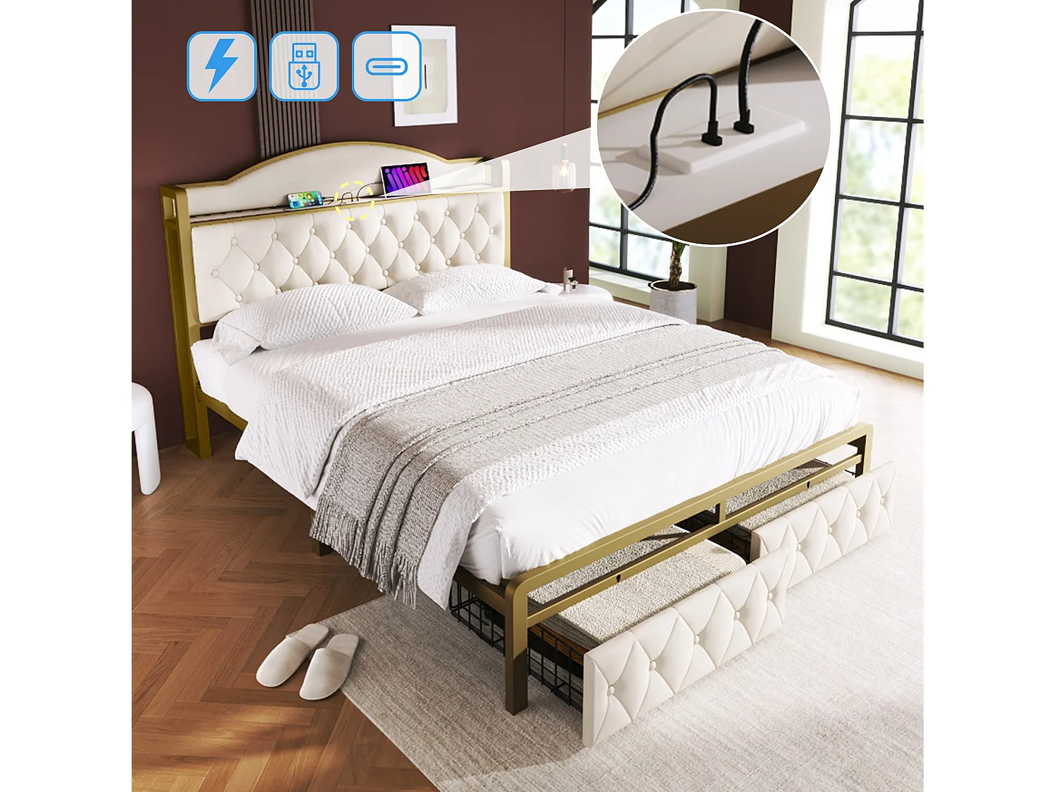 140 x 200 cm bed met opberghoofdeinde en 2 laden - USB + Type C - fluweel + metaal - lichtbeige