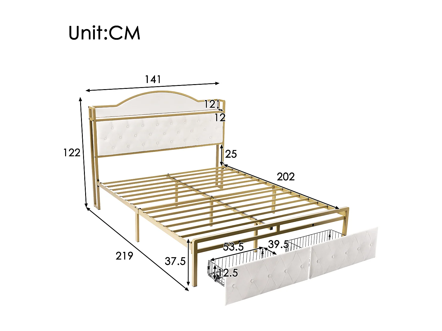 140 x 200 cm bed met opberghoofdeinde en 2 laden - USB + Type C - fluweel + metaal - lichtbeige