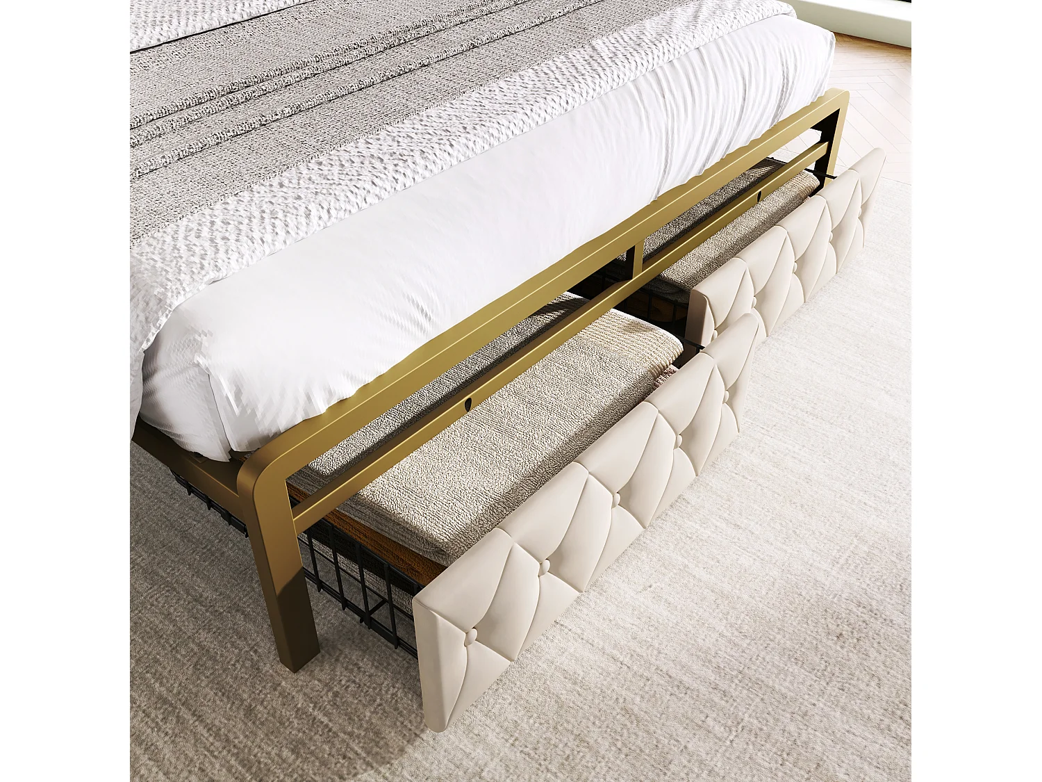 140 x 200 cm bed met opberghoofdeinde en 2 laden - USB + Type C - fluweel + metaal - lichtbeige