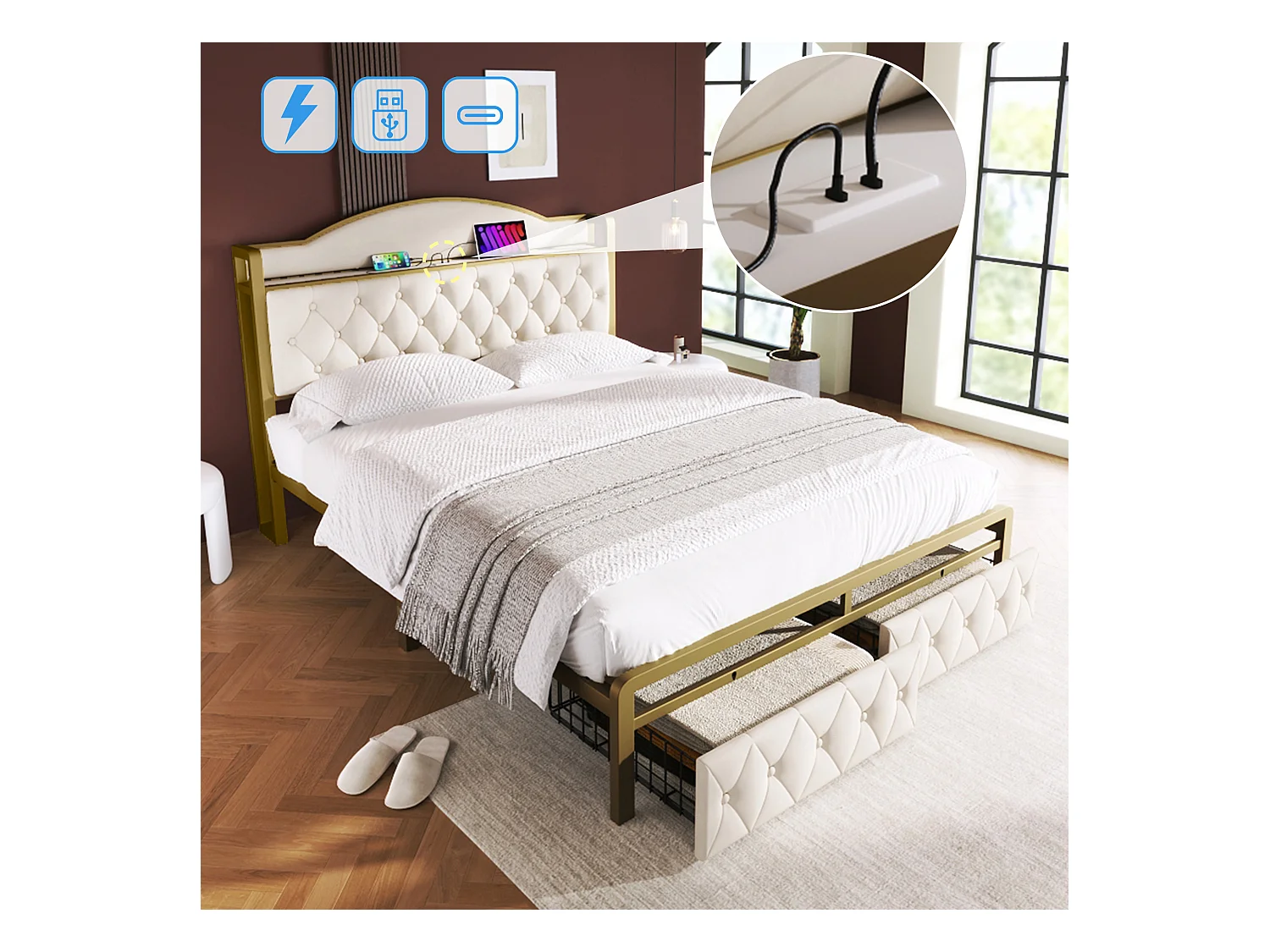 140 x 200 cm bed met opberghoofdeinde en 2 laden - USB + Type C - fluweel + metaal - lichtbeige