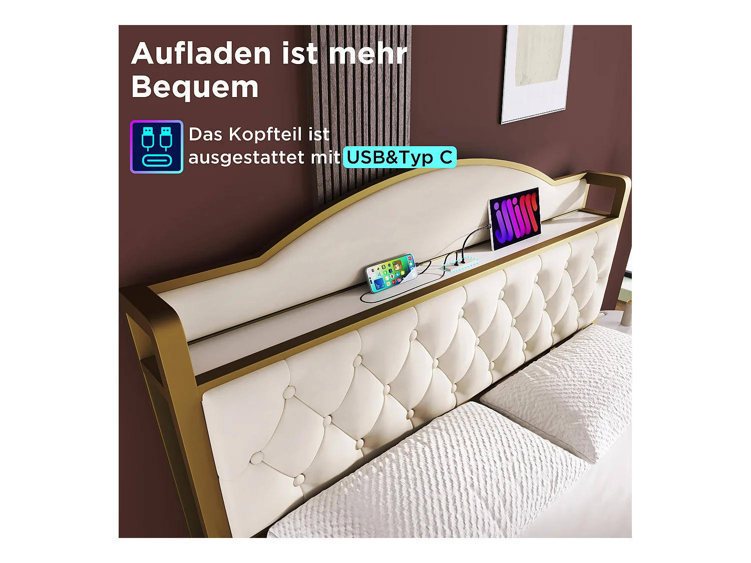 Lit 140 x 200 cm avec tête de lit rangement et 2 tiroirs - USB + Type C - velours + métal - beige clair