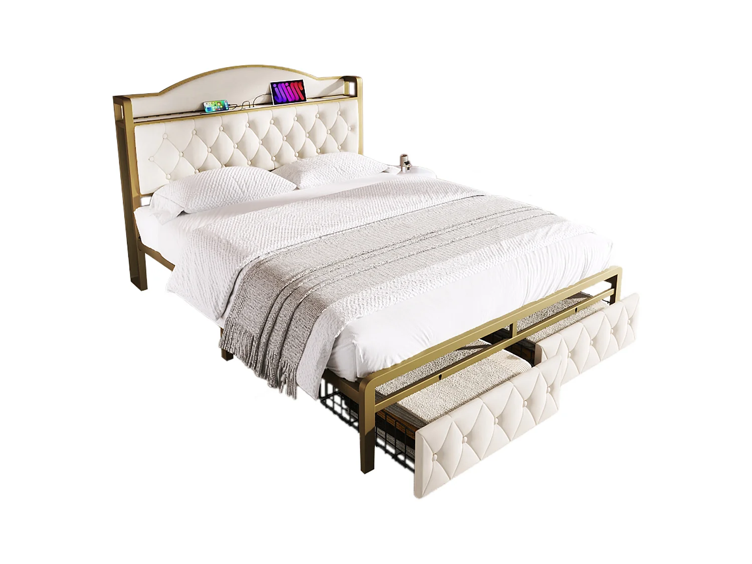 Lit 140 x 200 cm avec tête de lit rangement et 2 tiroirs - USB + Type C - velours + métal - beige clair