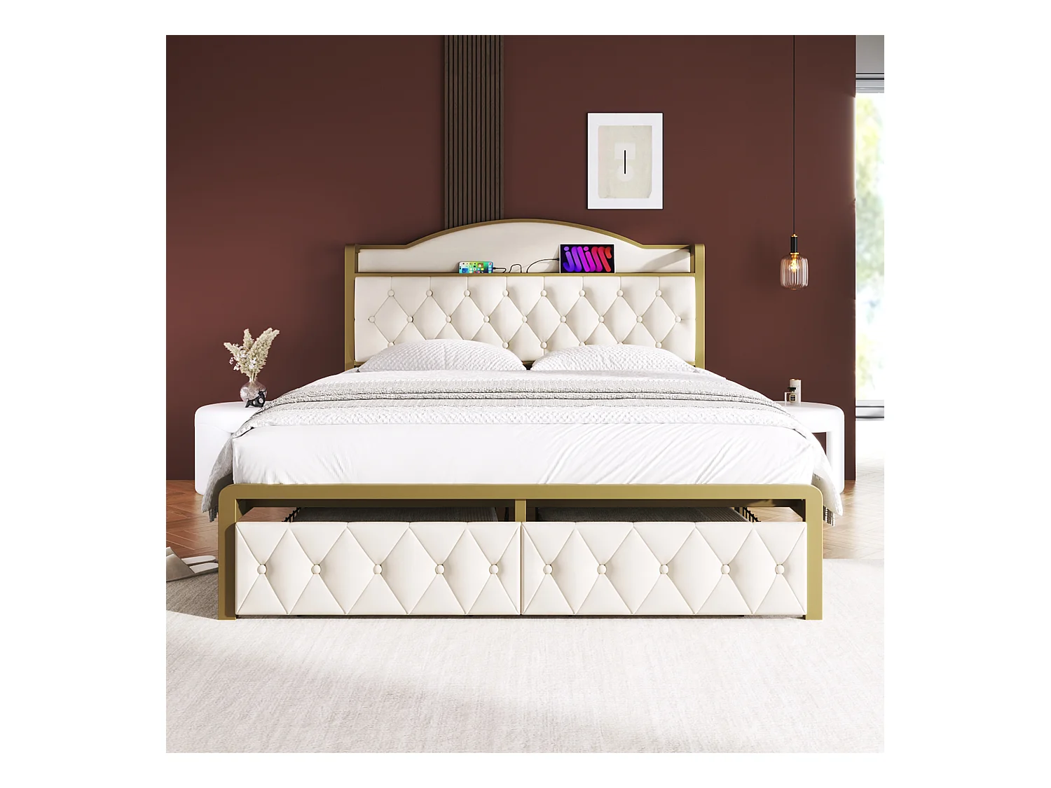 Lit 140 x 200 cm avec tête de lit rangement et 2 tiroirs - USB + Type C - velours + métal - beige clair