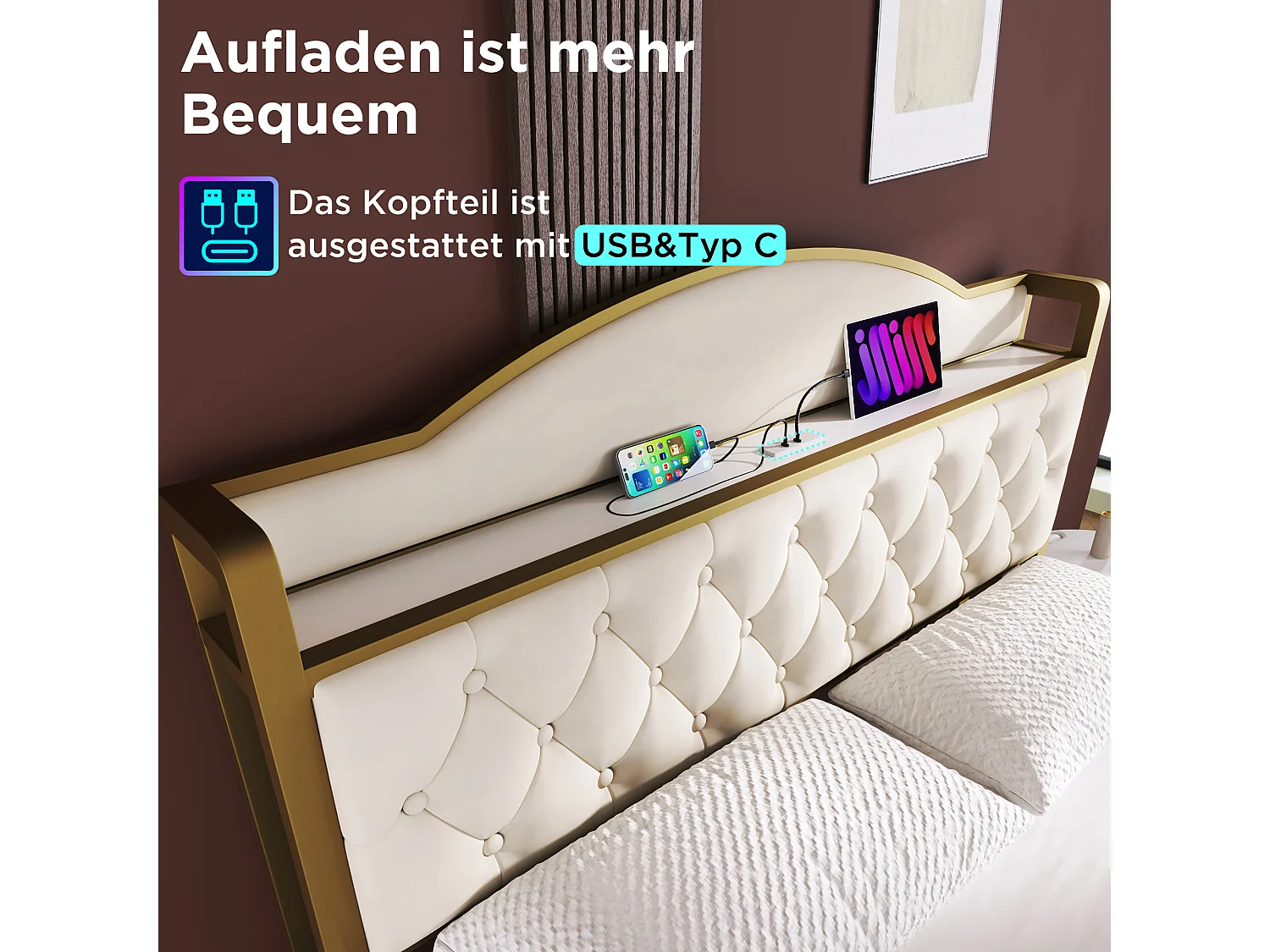 Lit 140 x 200 cm avec tête de lit rangement et 2 tiroirs - USB + Type C - velours + métal - beige clair