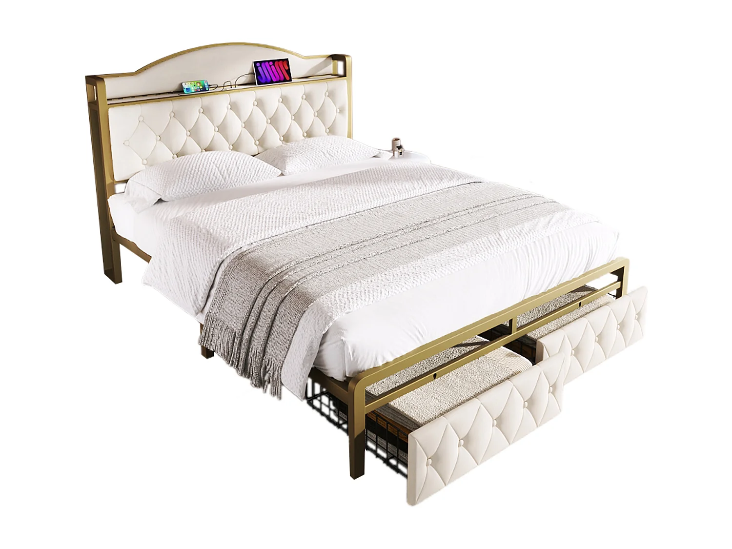 Lit 140 x 200 cm avec tête de lit rangement et 2 tiroirs - USB + Type C - velours + métal - beige clair