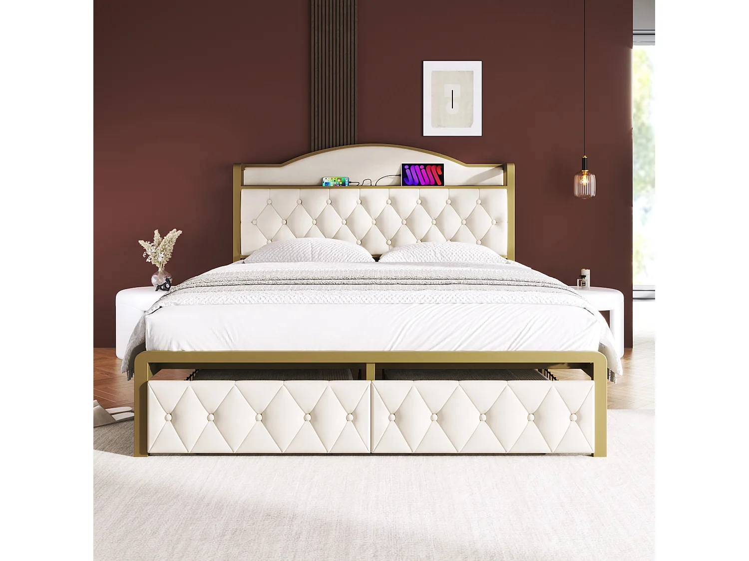 Lit 140 x 200 cm avec tête de lit rangement et 2 tiroirs - USB + Type C - velours + métal - beige clair