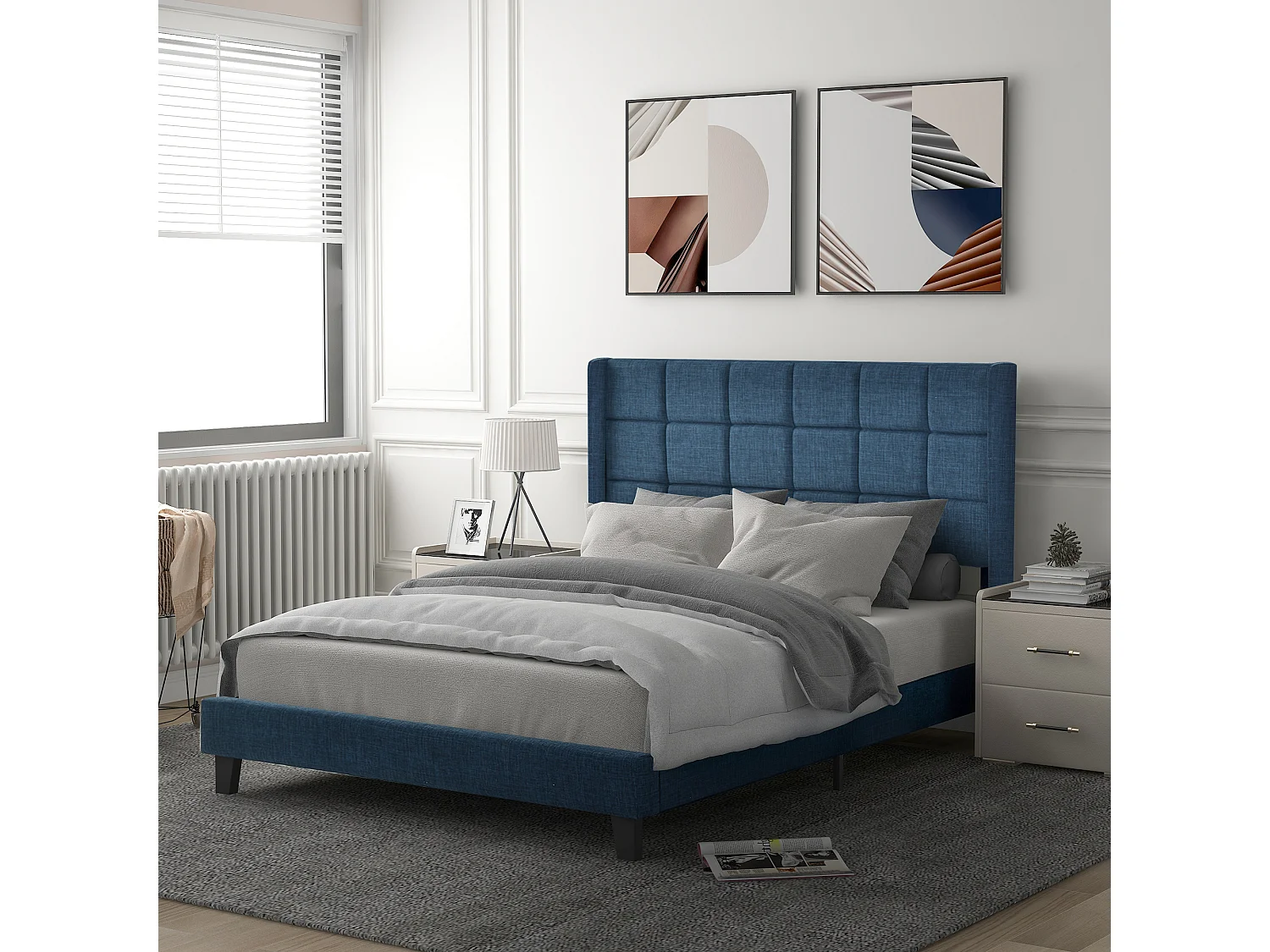 Gepolstertes Erwachsenenbett mit Kopfteil – 140 x 200 cm – Leinenstoff – Blau