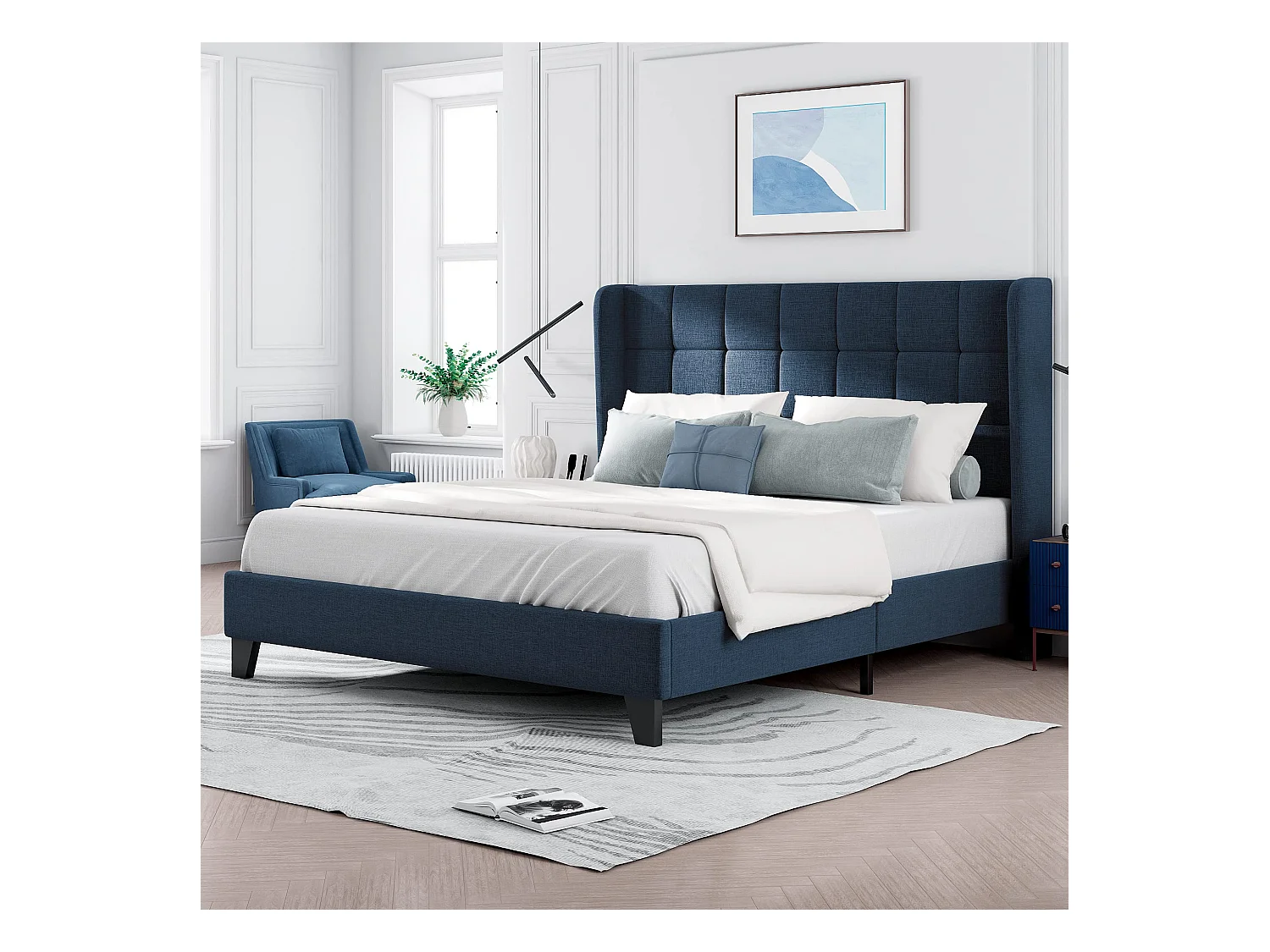 Lit capitonné lit adulte avec tête de lit - 140 x 200 cm - tissu en lin - bleu