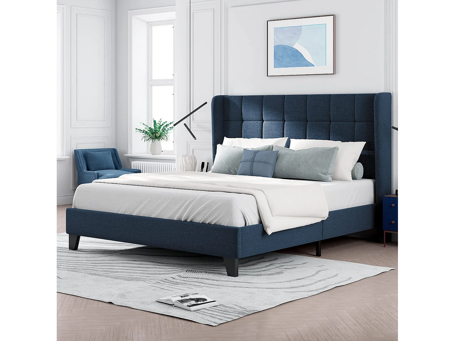 Gepolstertes Erwachsenenbett mit Kopfteil – 140 x 200 cm – Leinenstoff – Blau