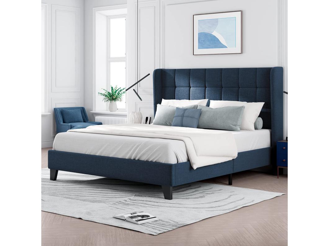 Cama estofada para adulto com cabeceira - 140 x 200 cm - tecido de linho - azul
