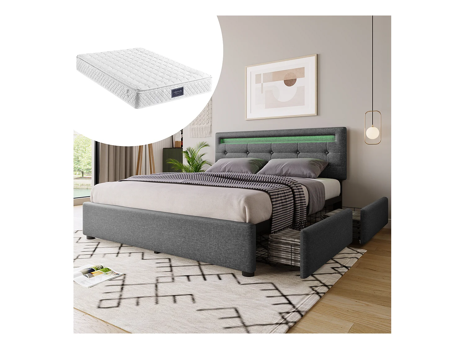 Doppeltes gepolstertes Bett 140 x 200 cm mit verstellbarem Kopfteil und 4 Schubladen – LEDs – graues Leinen + Matratze