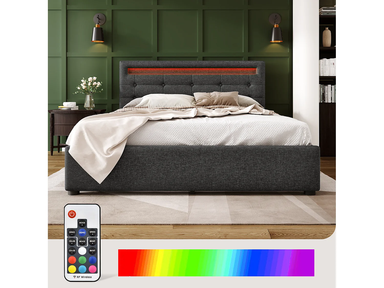 Lit capitonné double 140 x 200 cm avec tête de lit réglable & 4 tiroirs - LEDs - lin gris + matelas