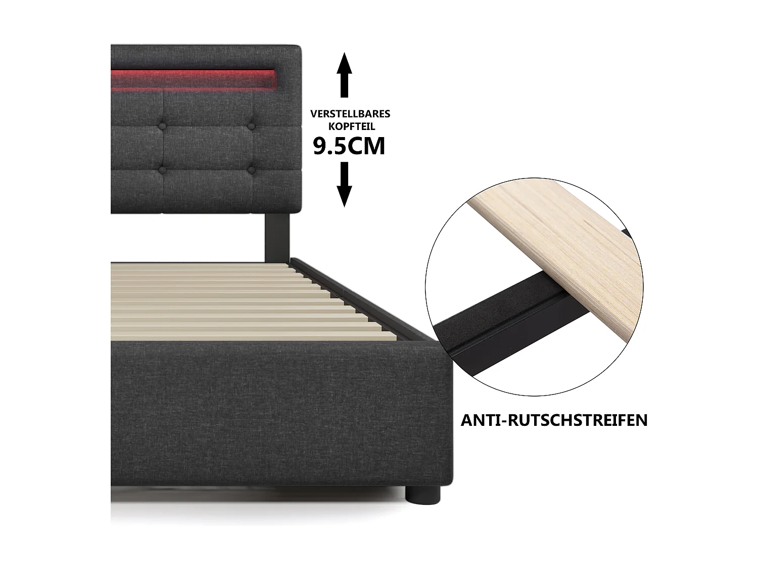 Lit capitonné double 140 x 200 cm avec tête de lit réglable & 4 tiroirs - LEDs - lin gris + matelas