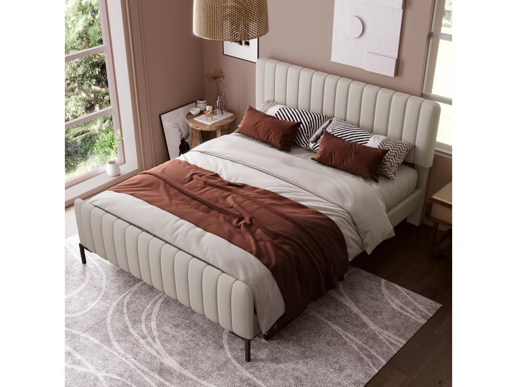 Gestoffeerd bed 140 x 200 cm met verstelbaar hoofdeinde - linnen stof - beige