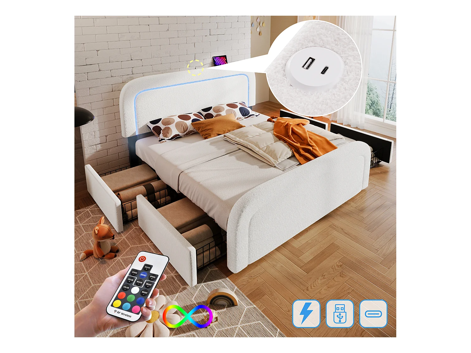 Lit adulte 140 x 200 cm avec 2 tiroirs et tête de lit réglable - USB + Type C - Tissu sherpa - blanc