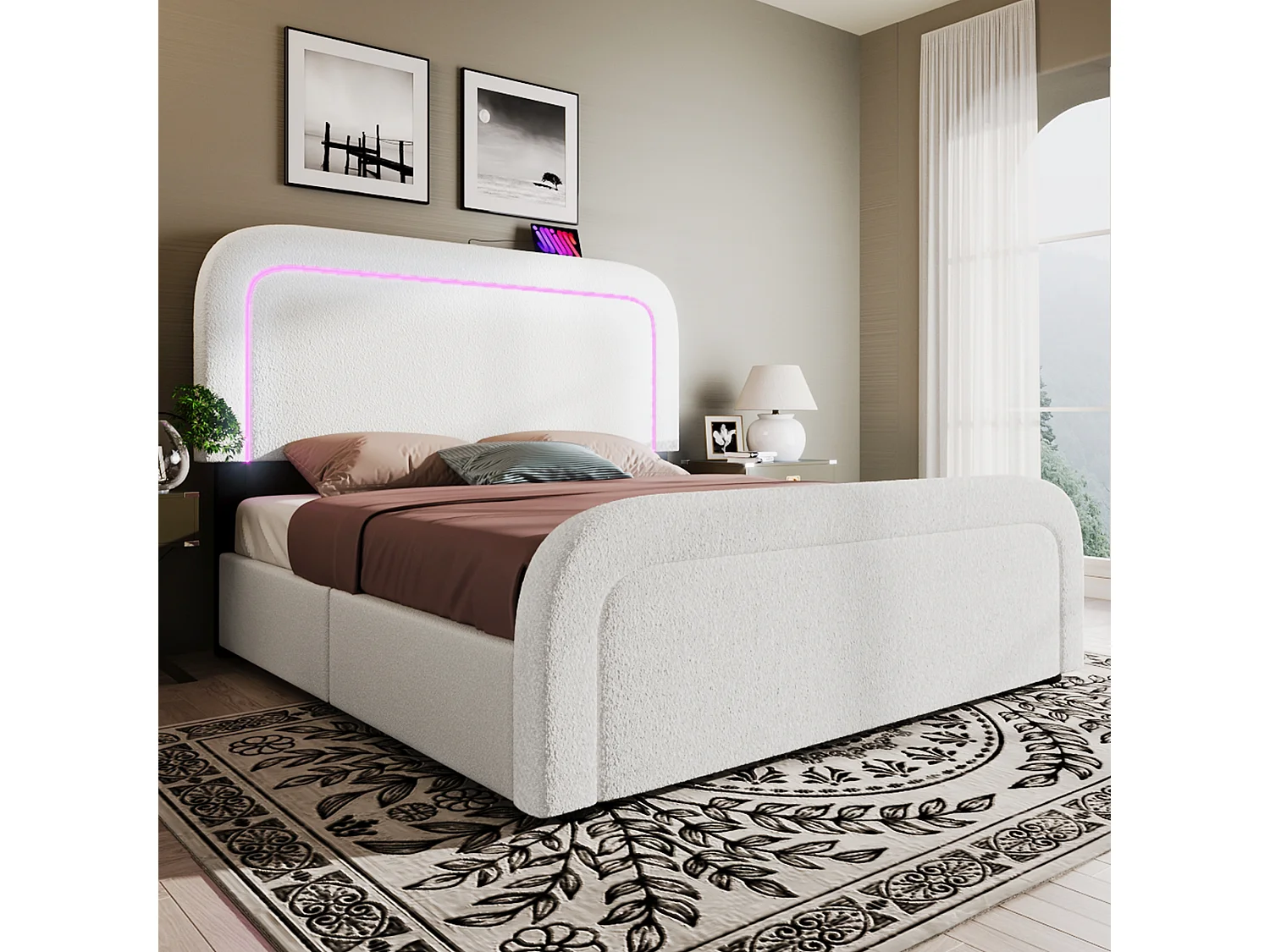 Lit adulte 140 x 200 cm avec 2 tiroirs et tête de lit réglable - USB + Type C - Tissu sherpa - blanc