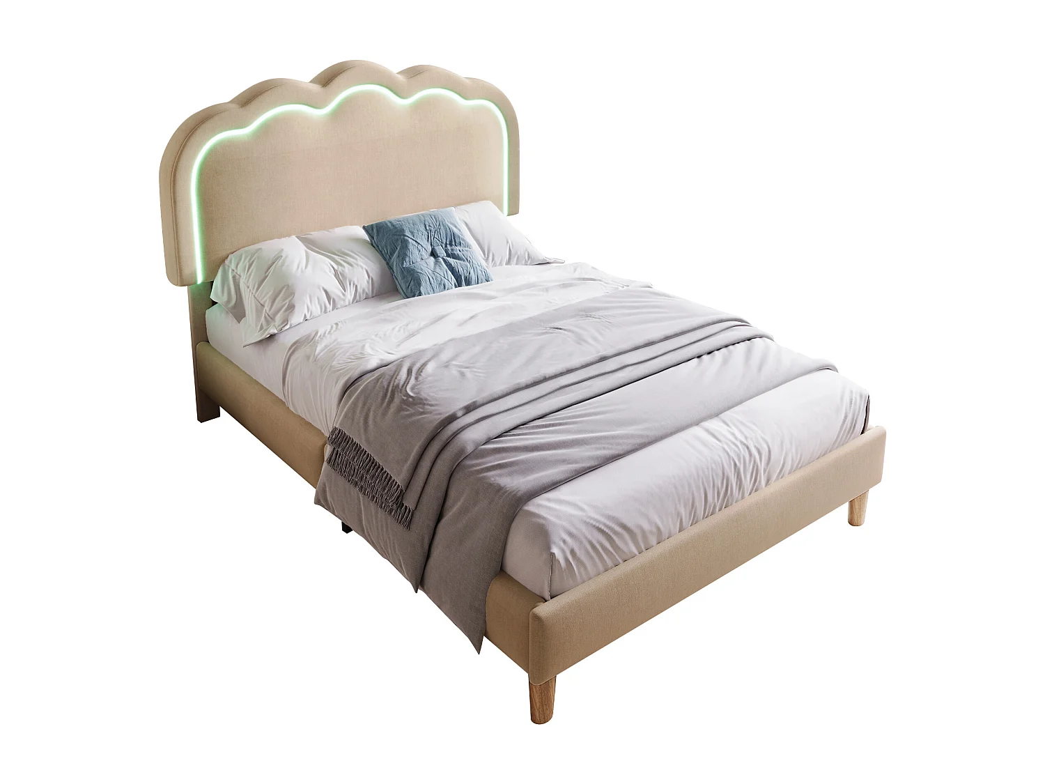 Letto imbottito 90 x 190 cm con testiera regolabile per camera - led - tessuto lino - beige
