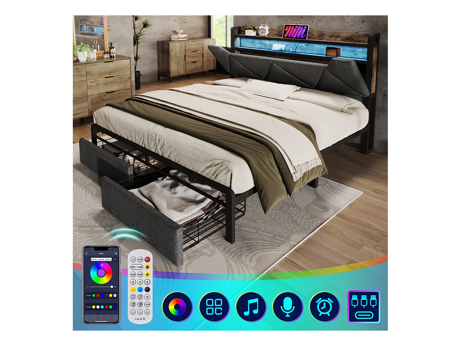 Lit adulte 160 x 200 cm avec tiroirs et tête de lit coffre - USB + Type C + LEDs - Lin - Gris